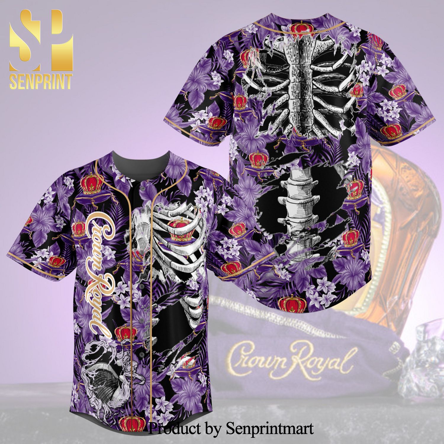 Crown Royal Flowery Skeleton All Over Print Unisex Baseball Jersey – Purple