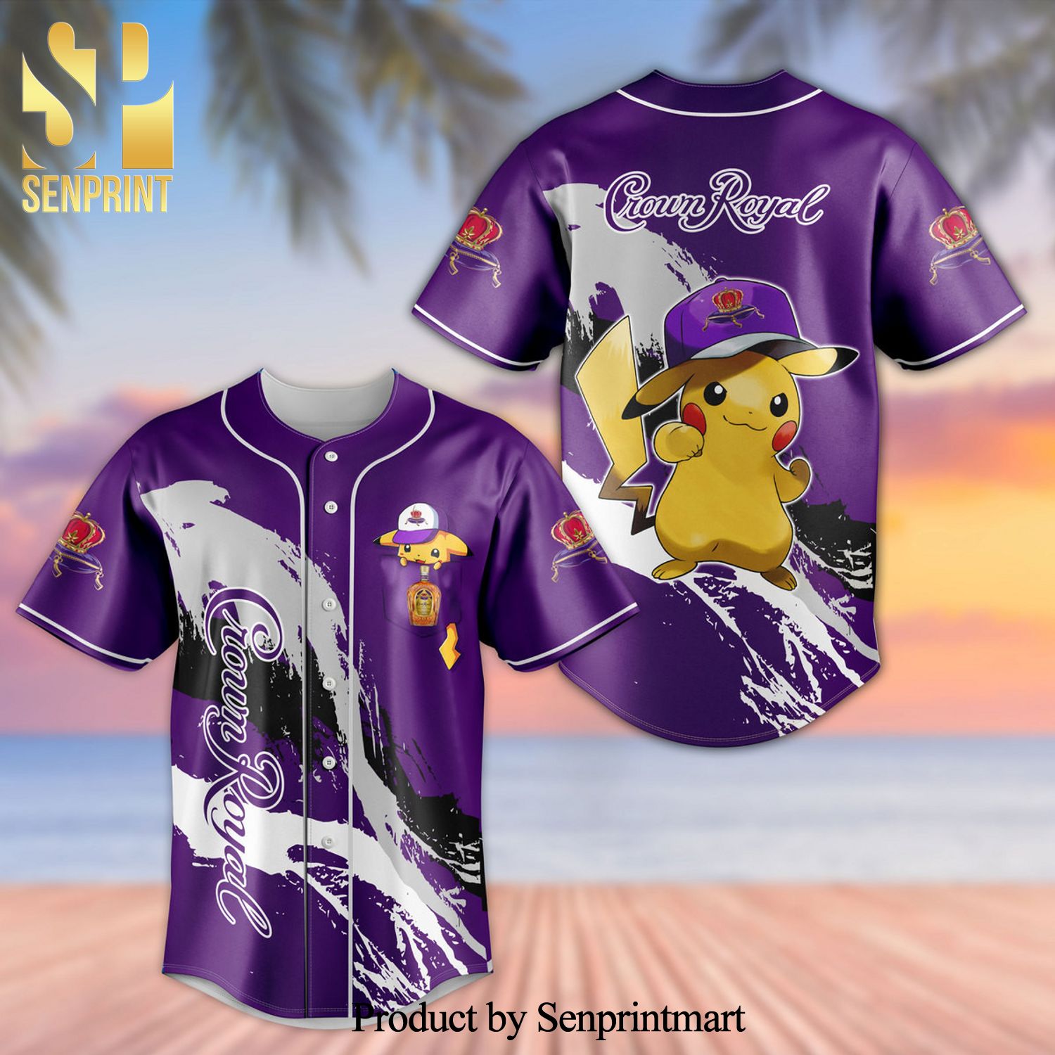 Crown Royal Pikachu Pokemon Full Printing Unisex Baseball Jersey – Purple