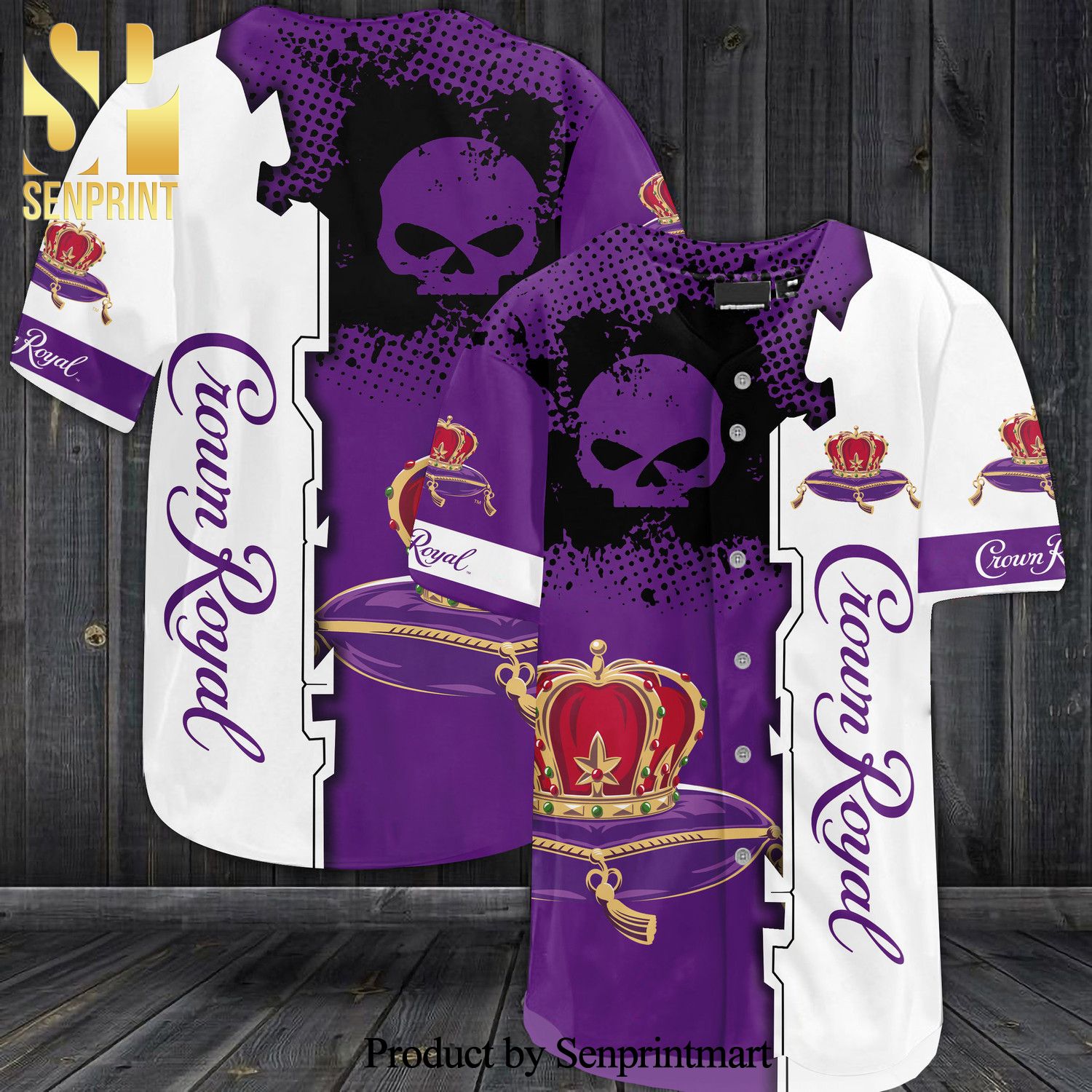 Crown Royal Skull Full Printing Unisex Baseball Jersey – White Purple