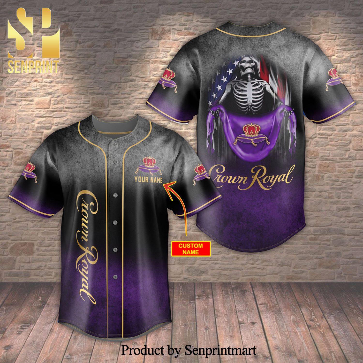 Crown Royal Usa Flag Skull Full Printing Unisex Baseball Jersey – Ombre Purple Black