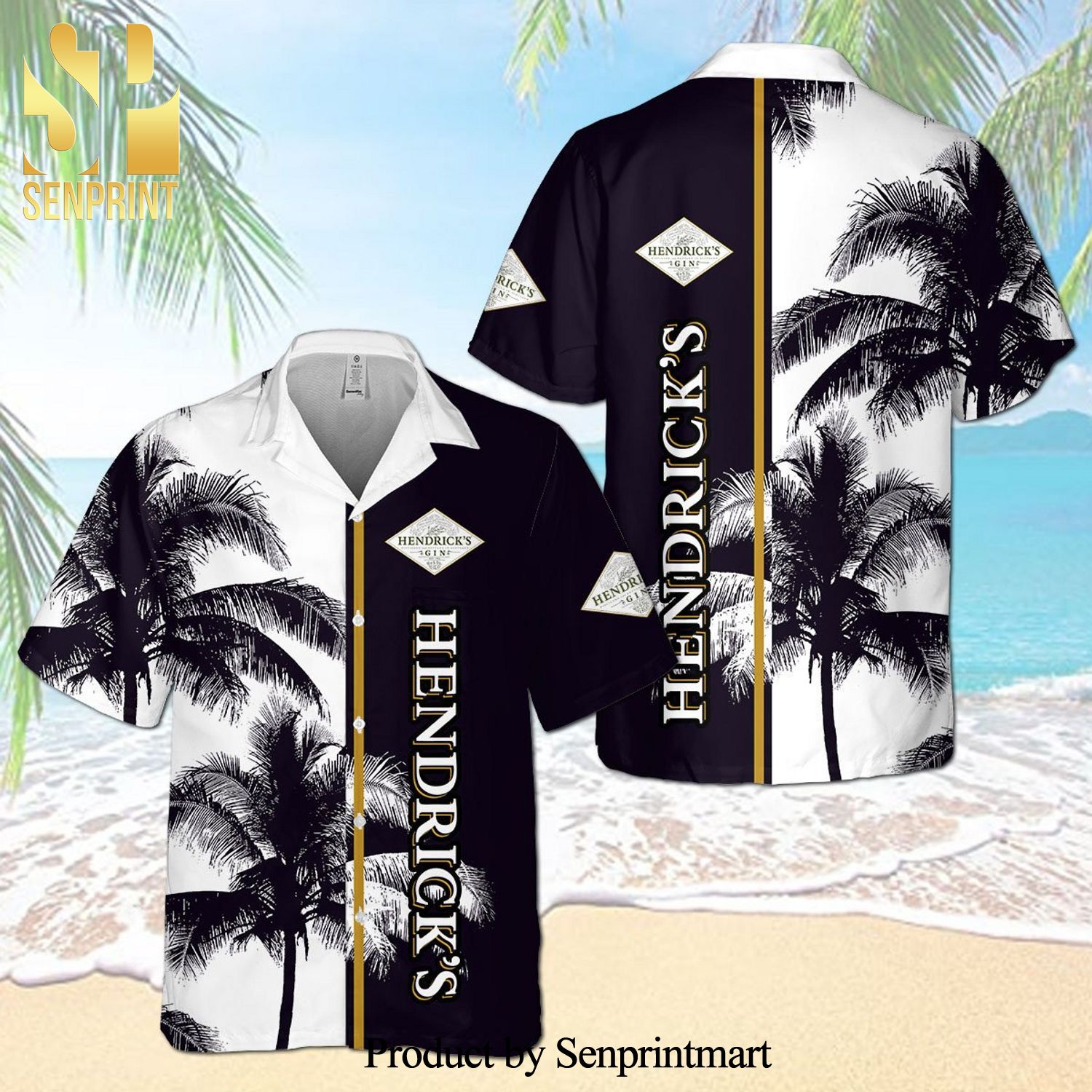 Hendrick’s Gin Palm Tree Full Printing Aloha Summer Beach Hawaiian Shirt – Black White