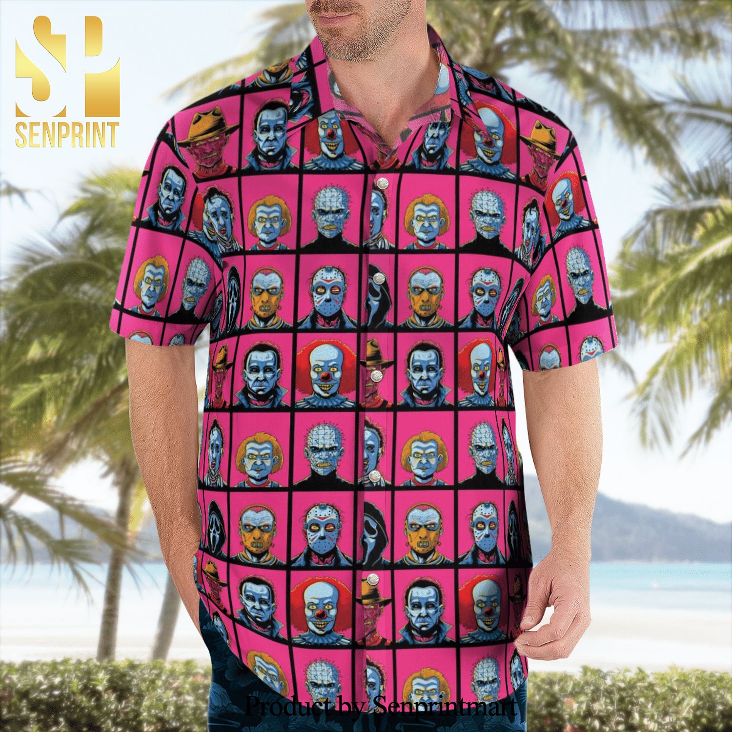 Horror Characters Face Frame Full Printing Hawaiian Shirt – Pink