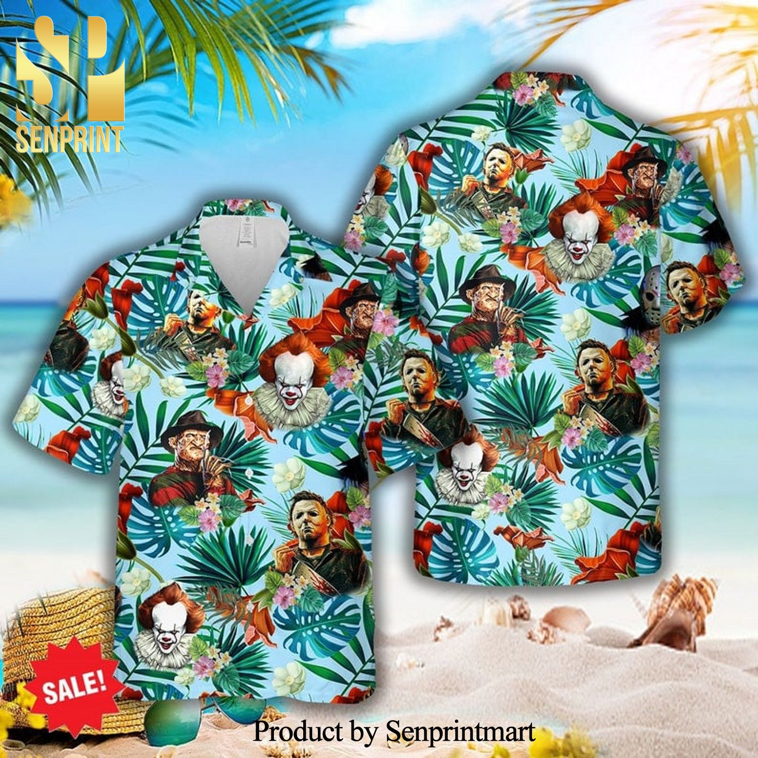 Horror Movie Characters IT Tropical Forest Full Printing Hawaiian Shirt – Light Blue