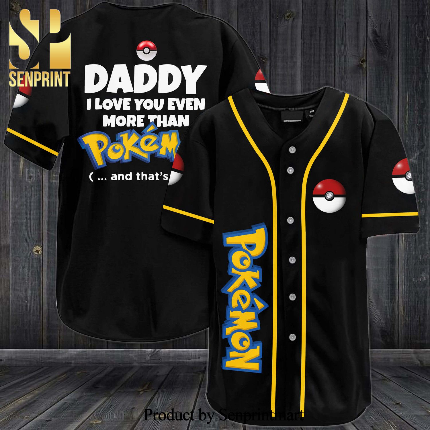 Daddy I Love You Even More Than Pokemon All Over Print Baseball Jersey – Black
