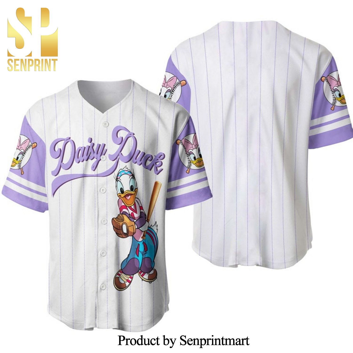 Daisy Duck All Over Print Pinstripe Baseball Jersey – White