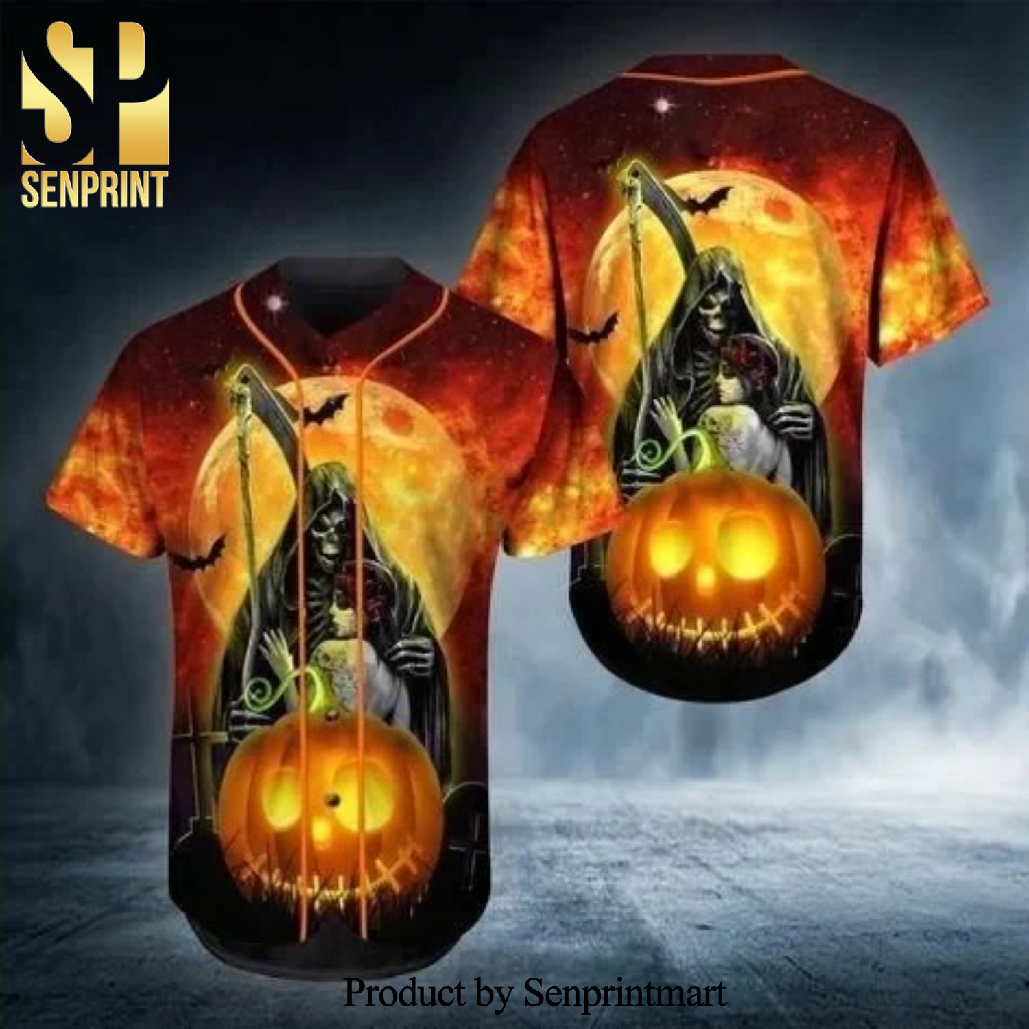 Death Halloween Full Printing Unisex Baseball Jersey – Orange