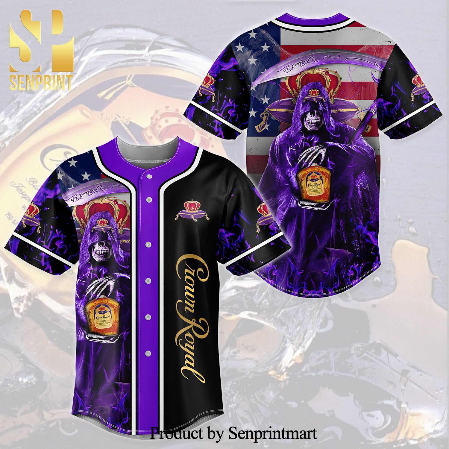 Death Hodling Crown Royal Usa Flag Flame Full Printing Unisex Baseball Jersey – Black Purple