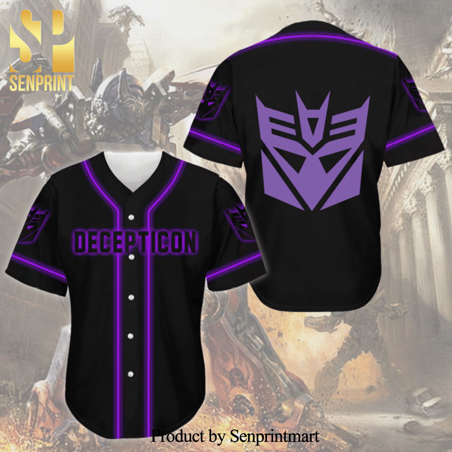 Decepticon Transformers Symbol Full Printing Baseball Jersey – Purple Black