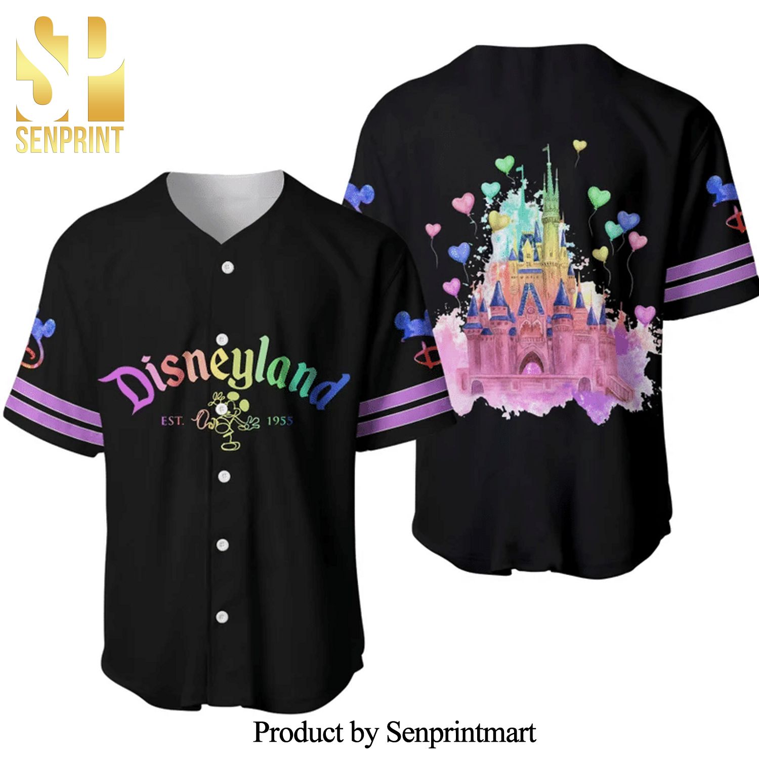 Disneyland Magic Kingdom Est 1955 Full Printing Baseball Jersey – Rainbow Black