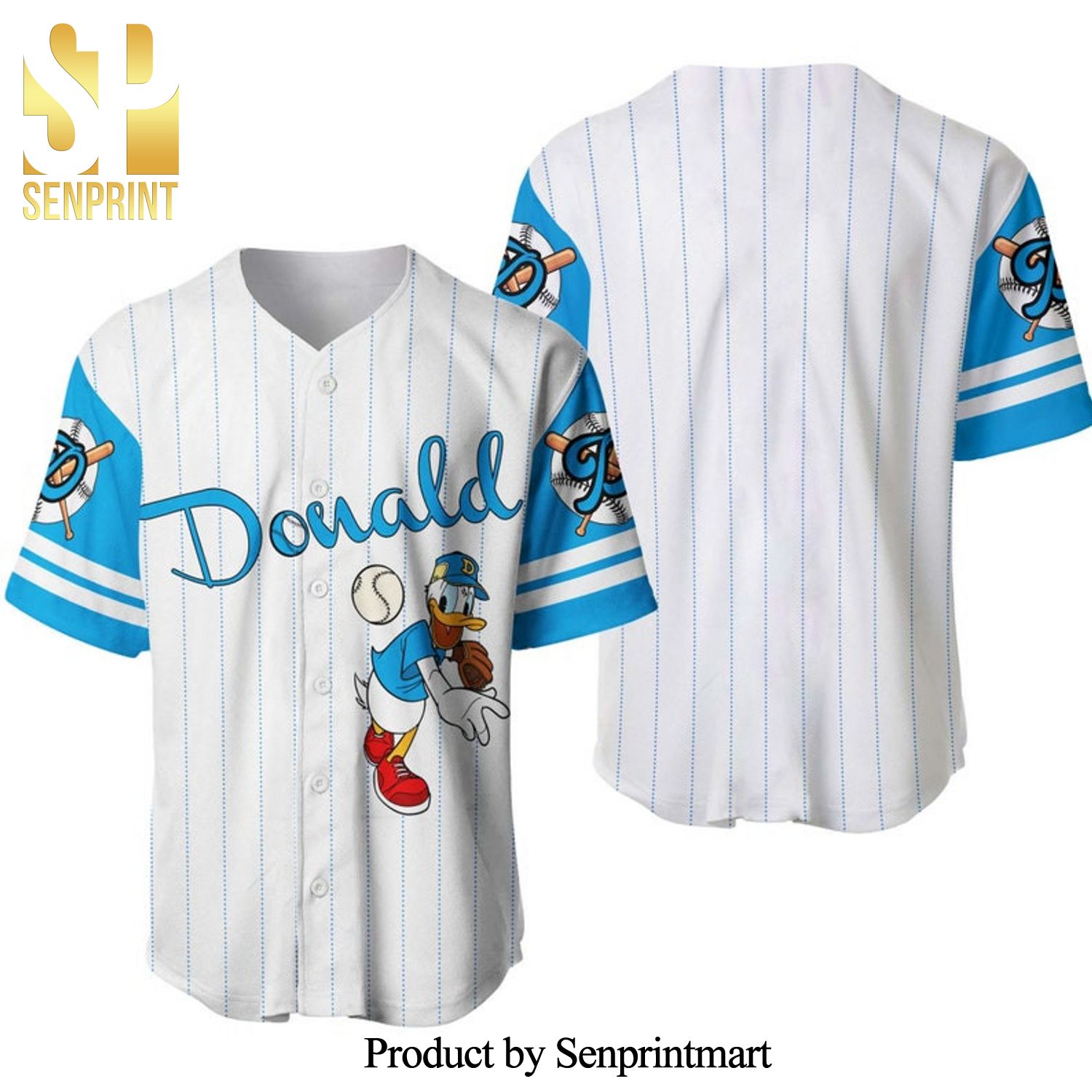 Donald Duck All Over Print Pinstripe Baseball Jersey – White