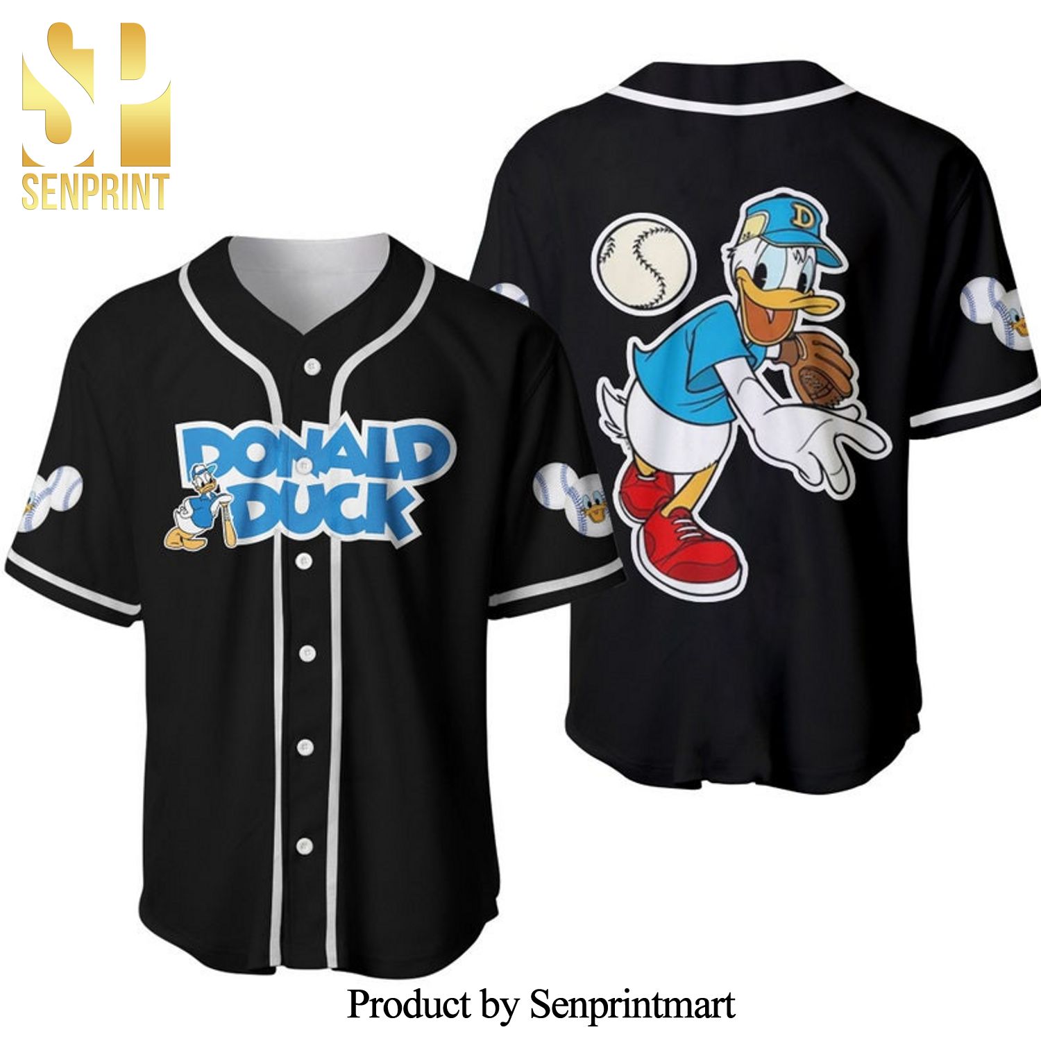 Donald Duck Disney Cartoon Graphics All Over Print Unisex Baseball Jersey – Black