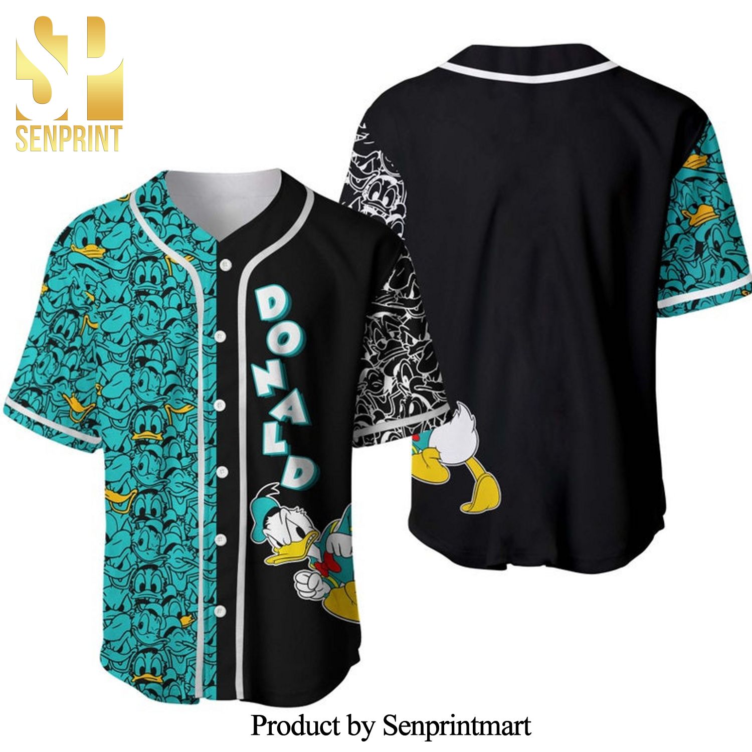 Donald Duck Pattern All Over Print Baseball Jersey – Black & Turquoise