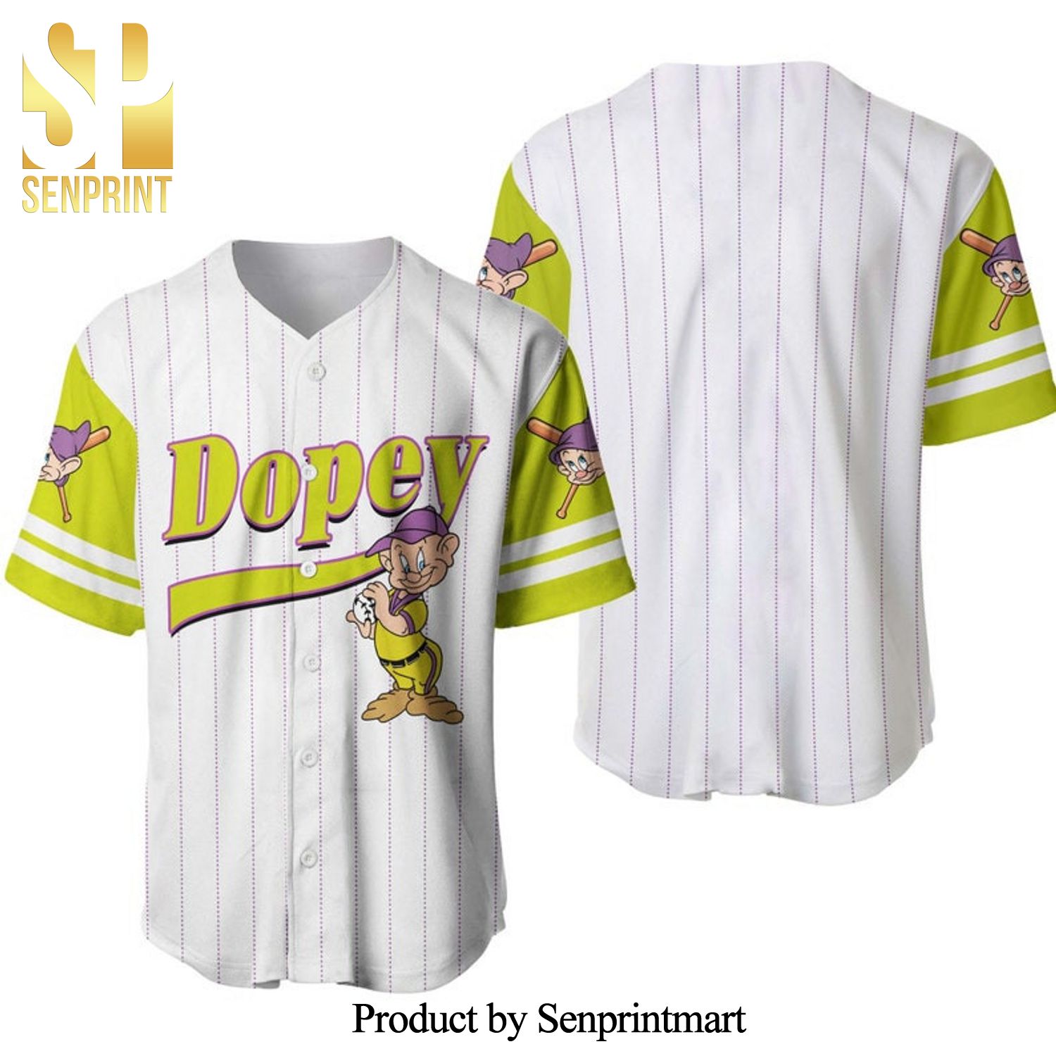 Dopey Dwarf Snow White All Over Print Pinstripe Baseball Jersey – White