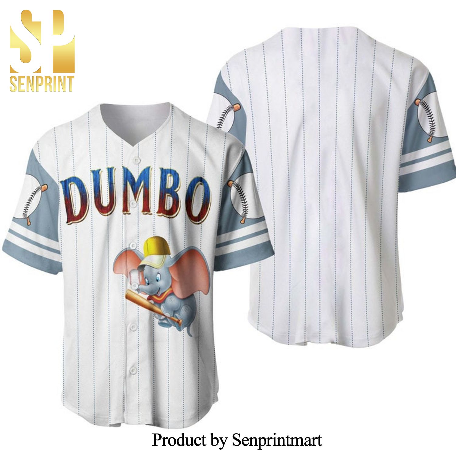 Dumbo The Flying Elephant All Over Print Pinstripe Baseball Jersey – White