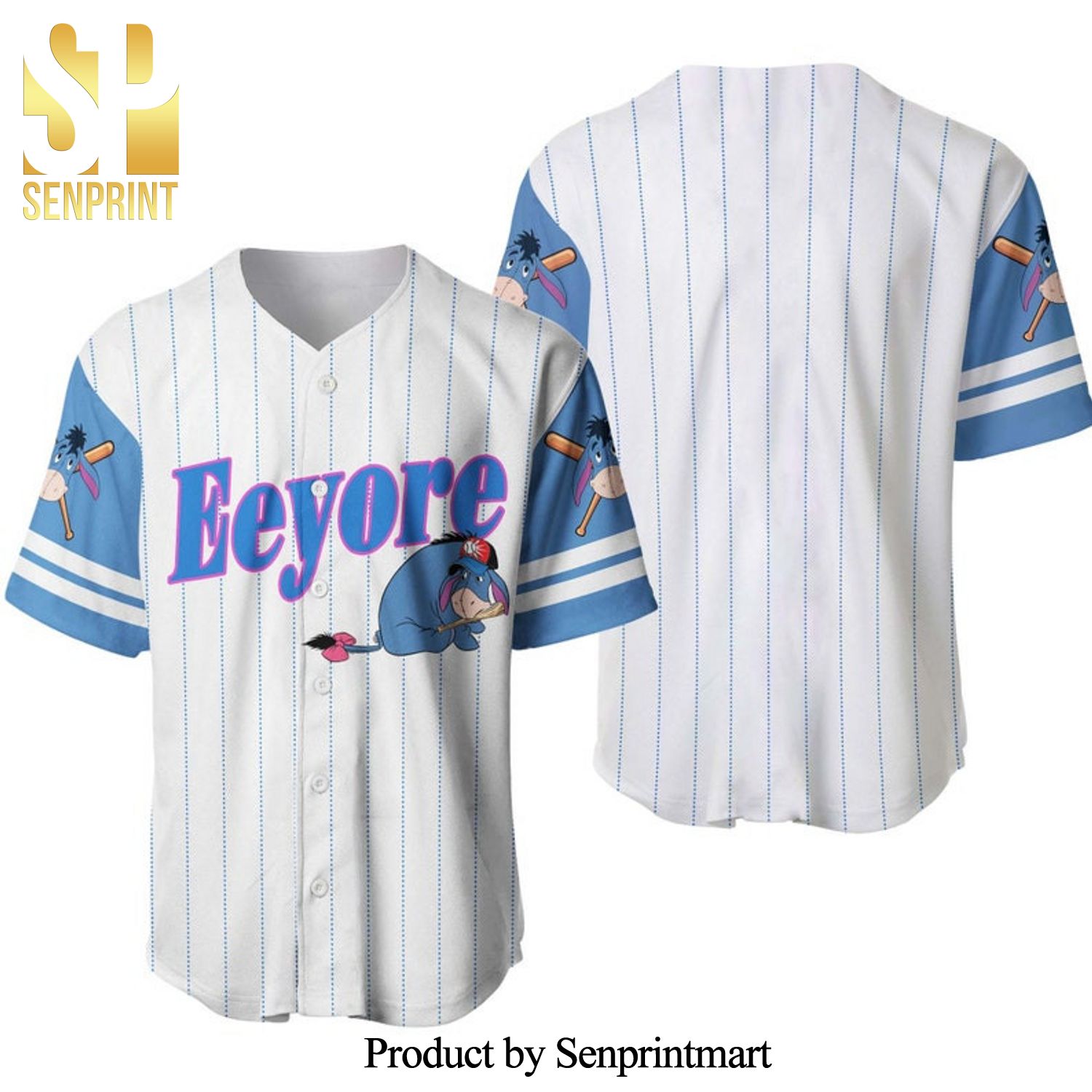 Eeyore Donkey Winnie The Pooh All Over Print Pinstripe Baseball Jersey – White
