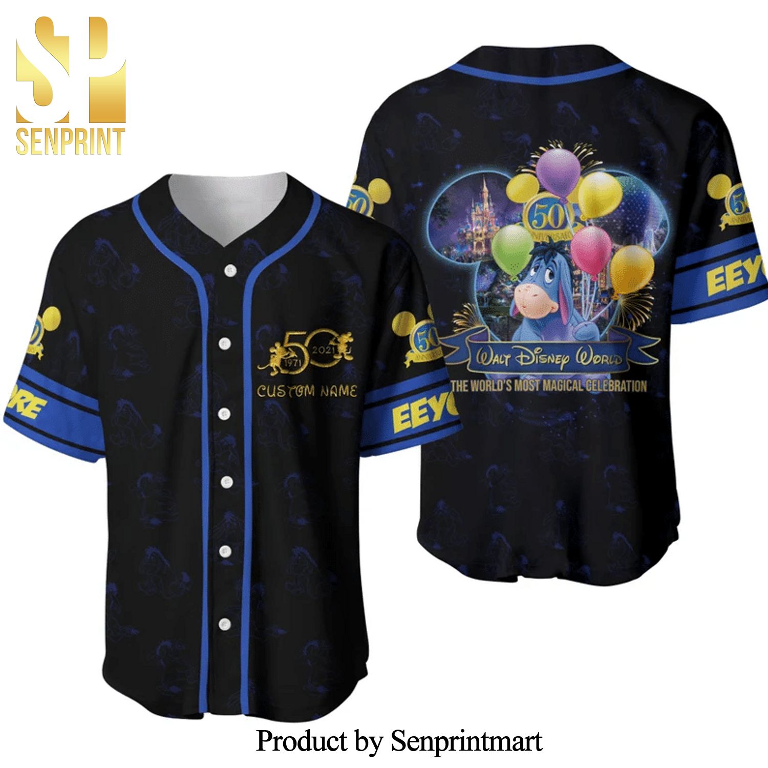 Eeyore Winnie The Pooh 50th Anniversary Walt Disney World Full Printing Baseball Jersey – Black Blue