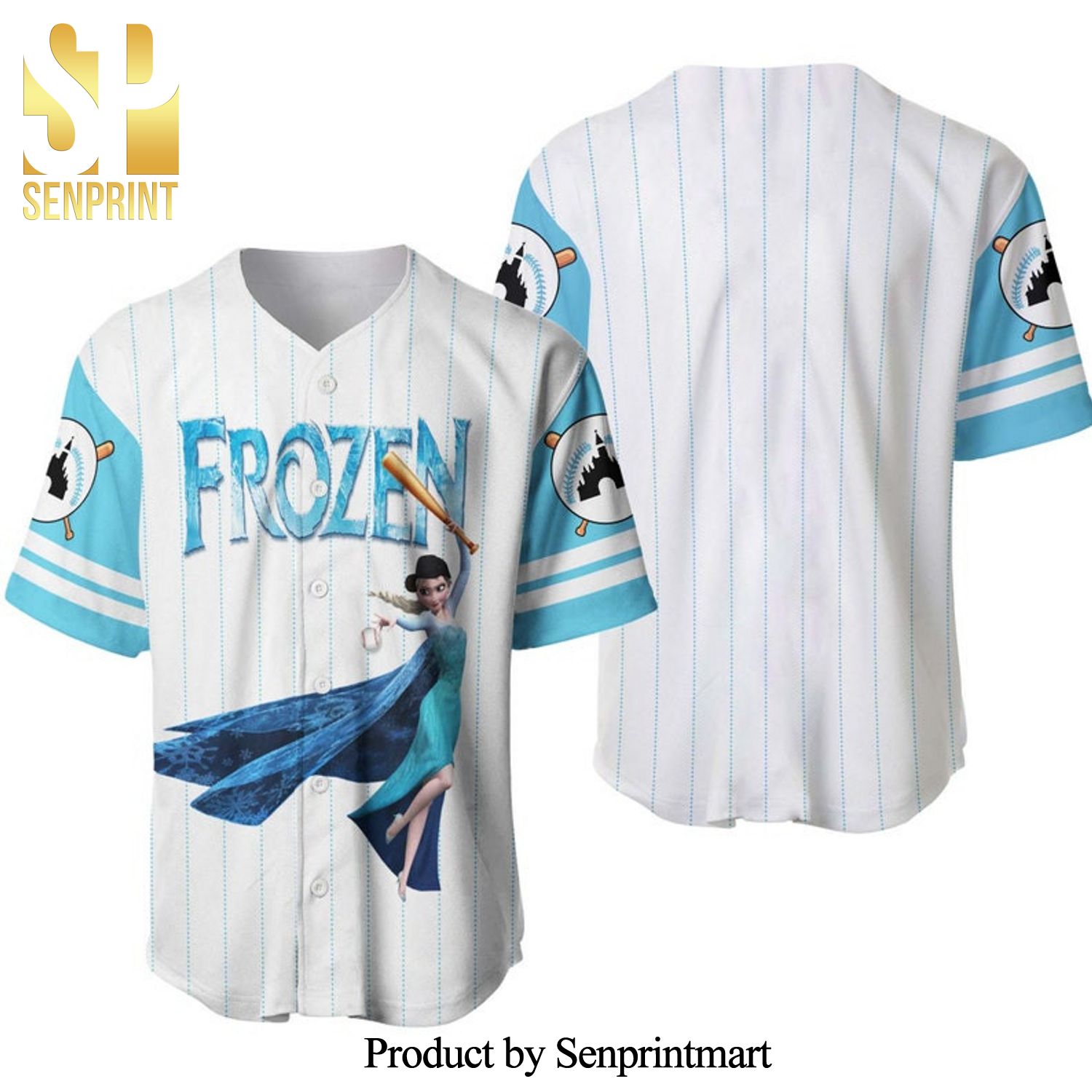 Elsa Princess Frozen All Over Print Pinstripe Baseball Jersey – White