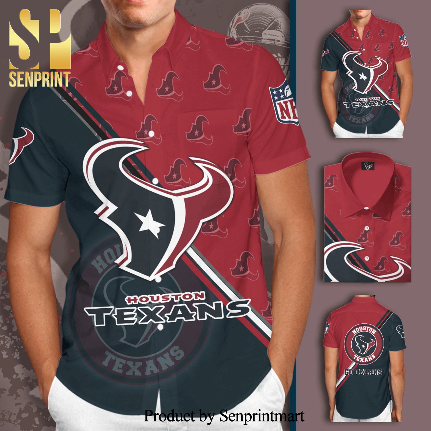 Houston Texans Logo Go Texans Full Printing Short Sleeve Dress Shirt Hawaiian Summer Aloha Beach Shirt – Black Red