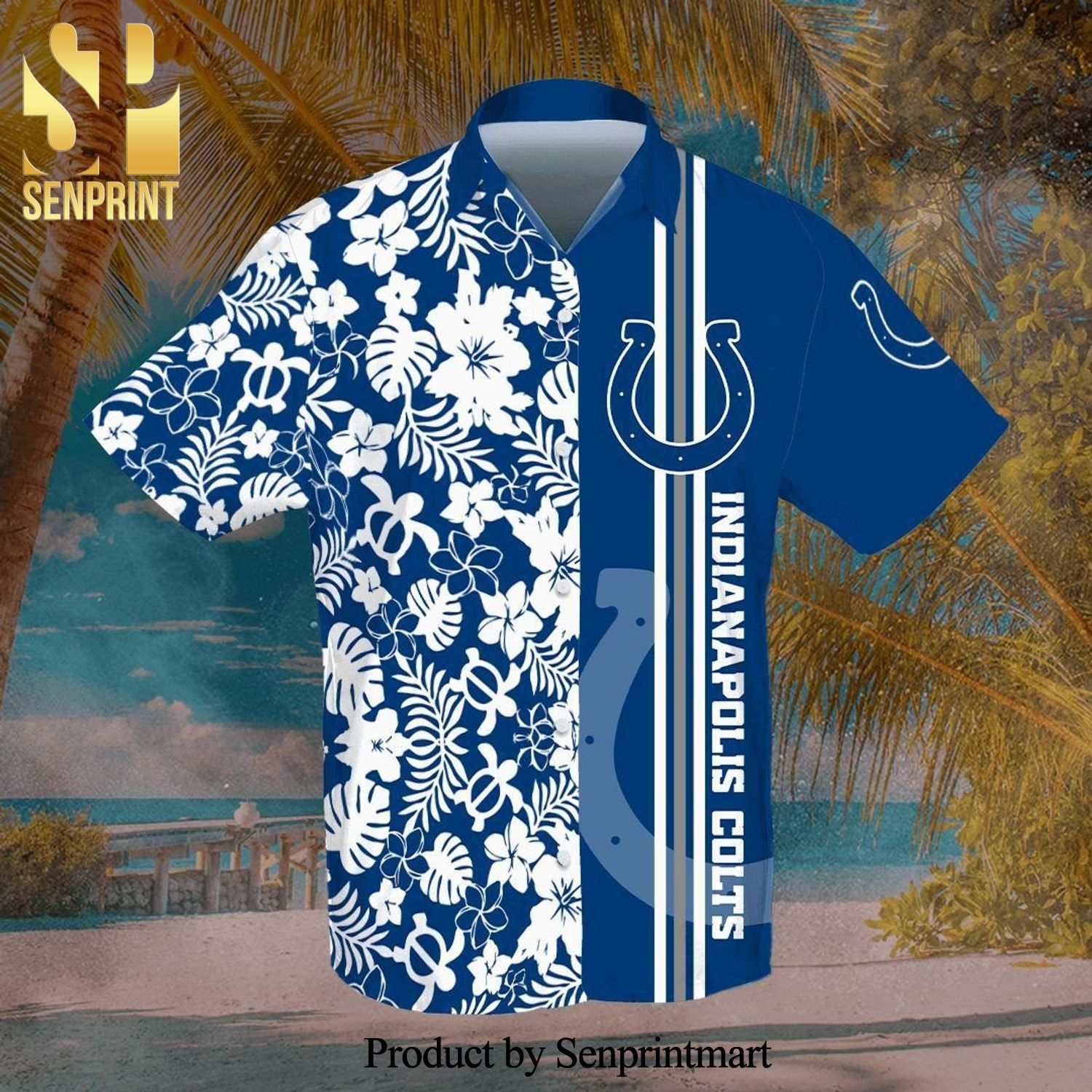 Indianapolis Colts Full Printing Flowery Short Sleeve Dress Shirt Hawaiian Summer Aloha Beach Shirt – Navy