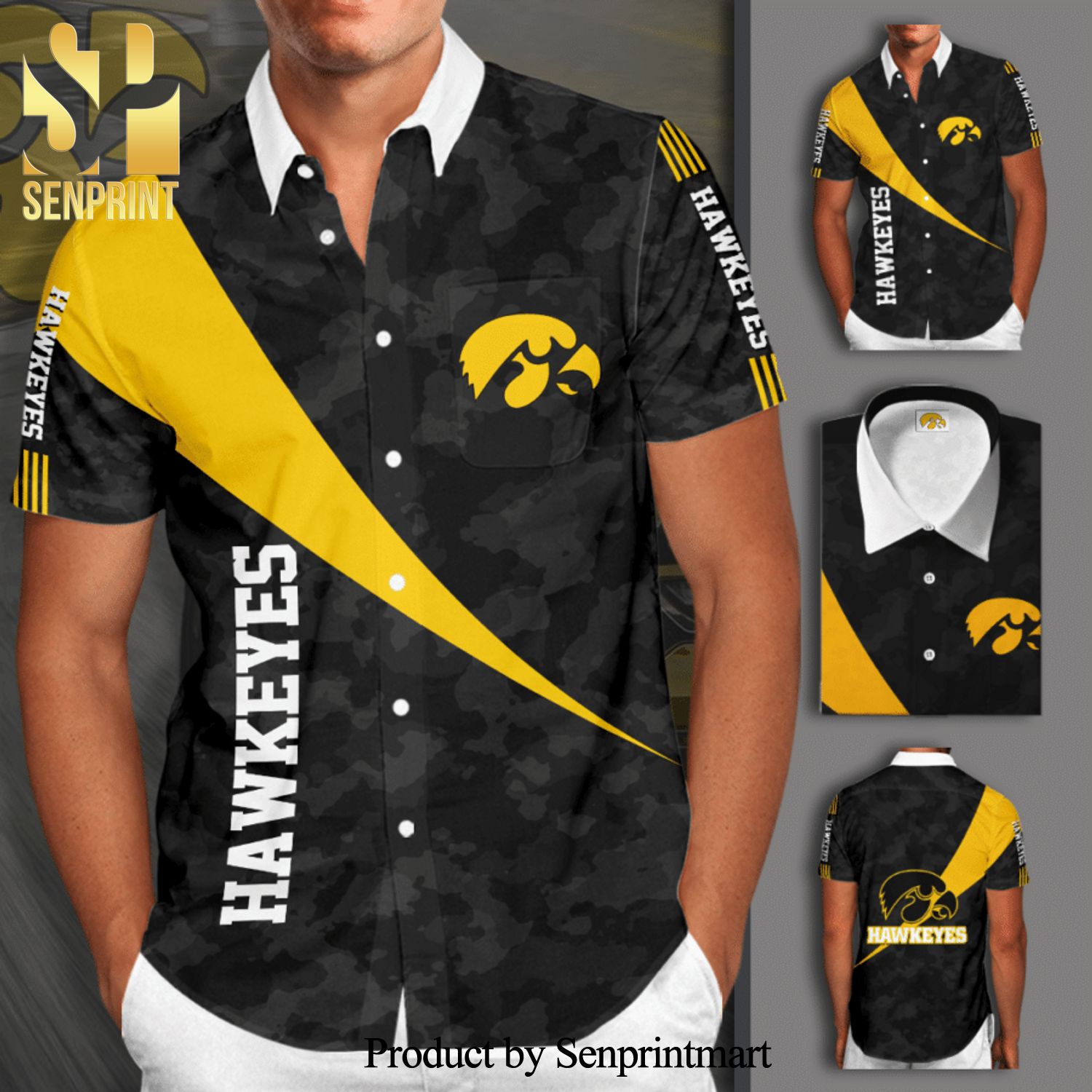Iowa Hawkeyes Full Printing Camo Short Sleeve Dress Shirt Hawaiian Summer Aloha Beach Shirt – Black