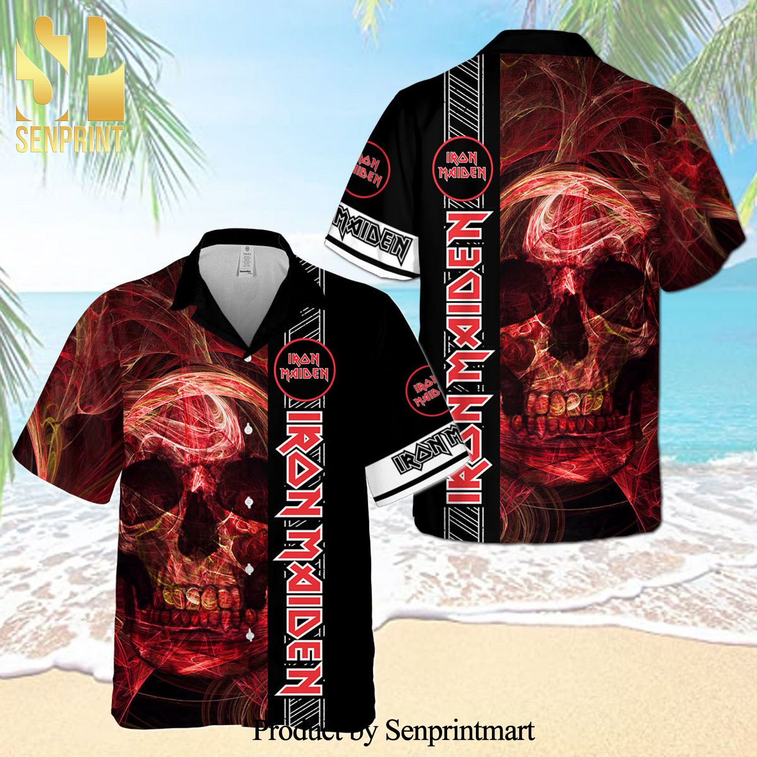 Iron Maiden Smoky Red Skull Full Printing Aloha Summer Beach Hawaiian Shirt – Black