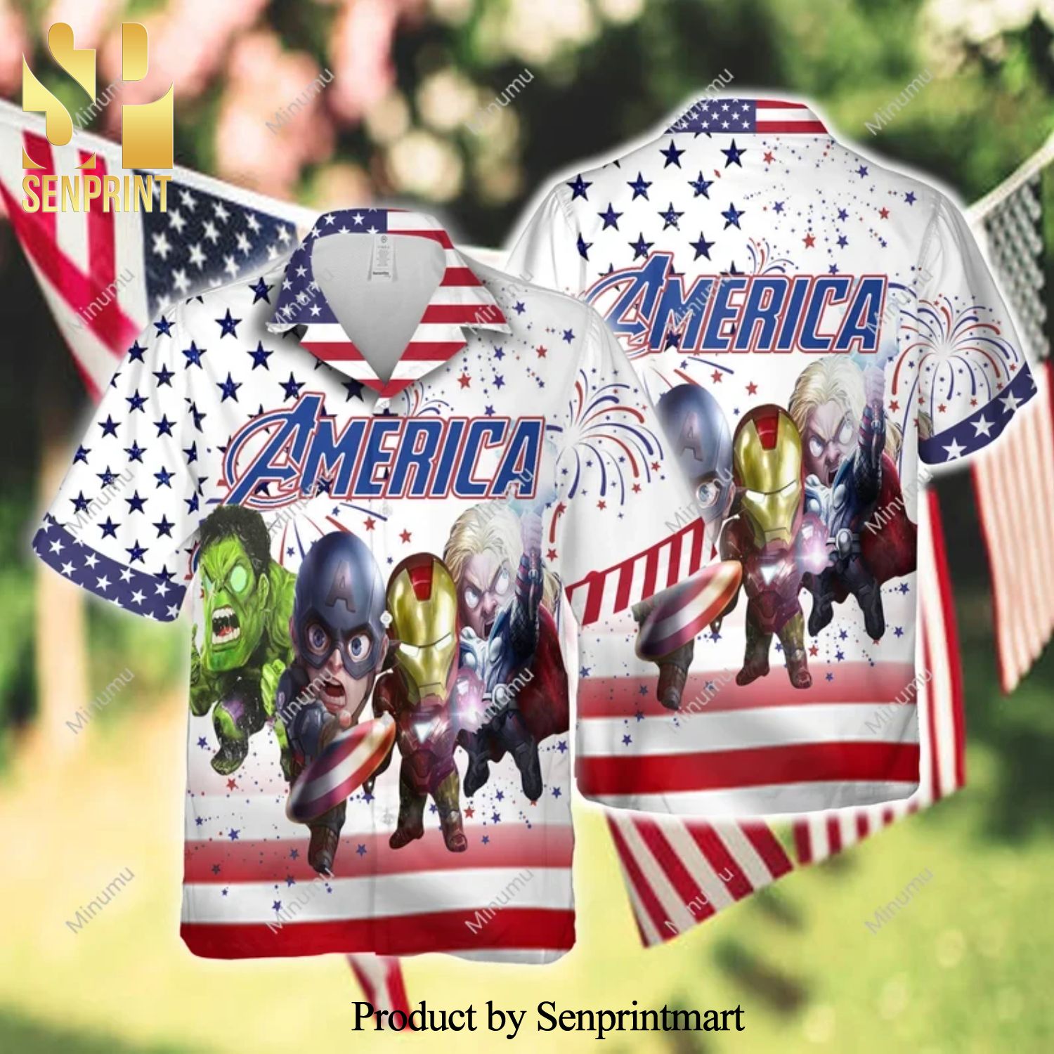 Iron Man Thor Hulk Captain America Marvel 4Th Of July Full Printing Hawaiian Shirt