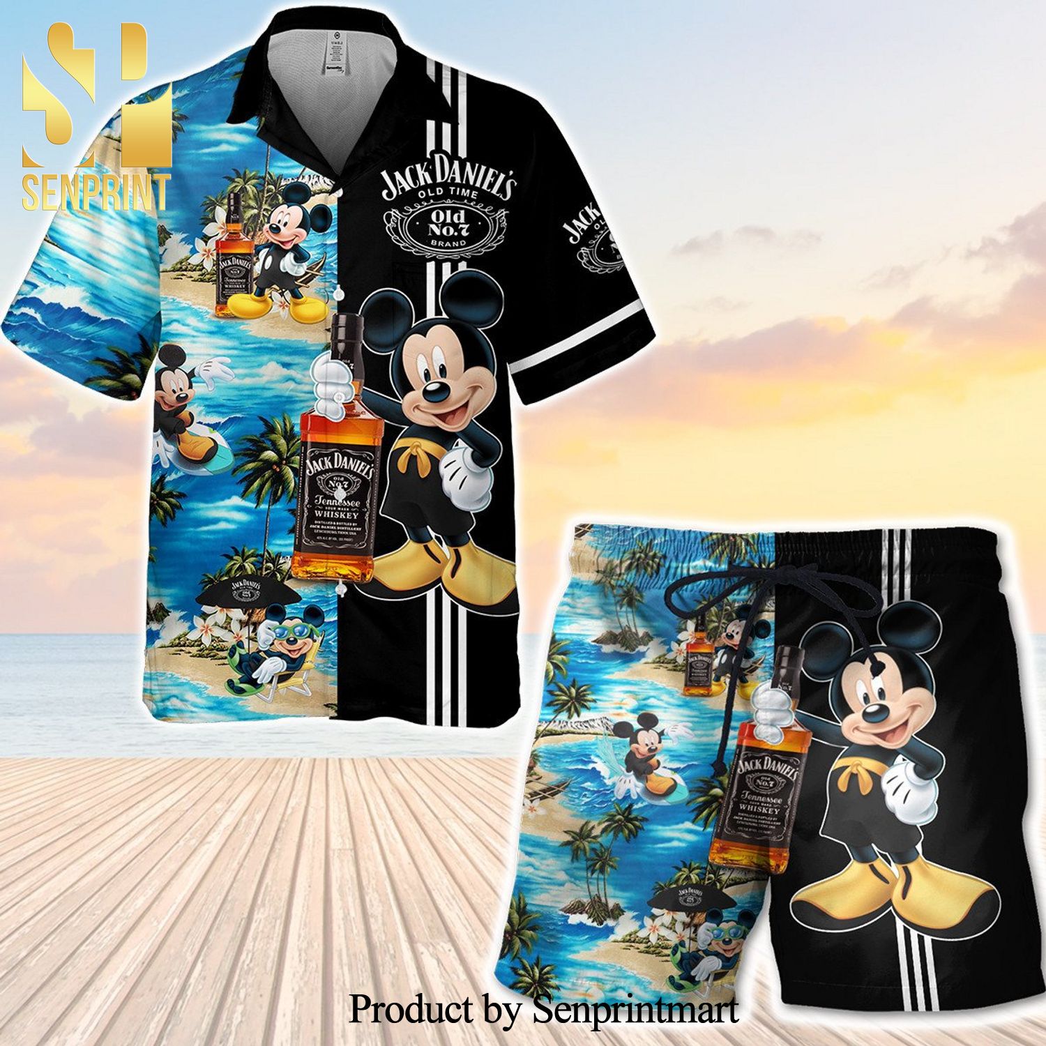 Jack Daniel’s Old Time Mickey Mouse Full Printing Aloha Summer Beach Hawaiian Shirt And Beach Shorts – Black