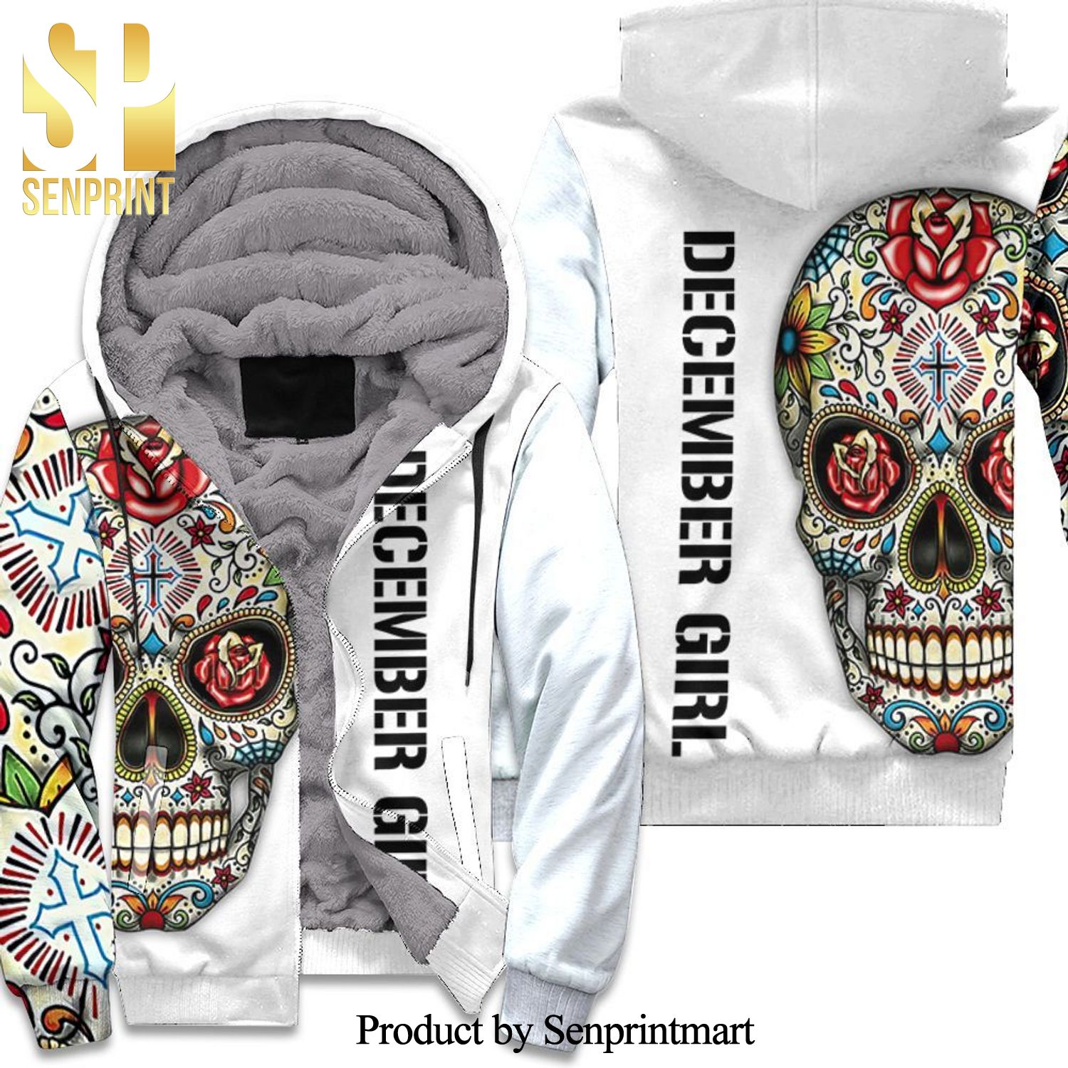 December Girl Skull All Over Printed Unisex Fleece Hoodie