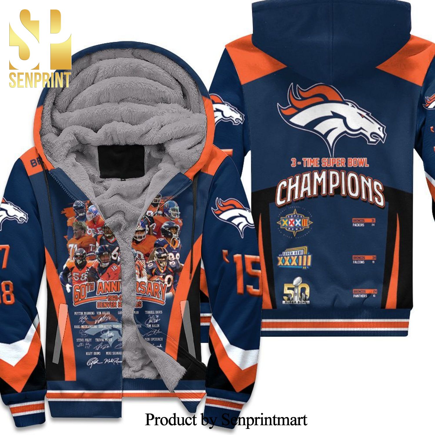 Denver Broncos 60th Anniversary Coach And Players Signed Full Print Unisex Fleece Hoodie