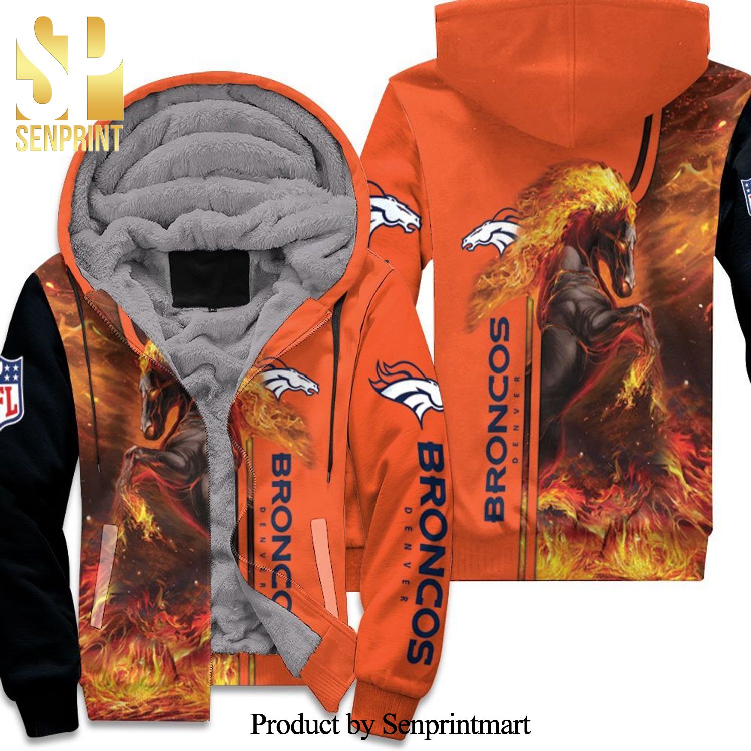 Denver Broncos Fire Horse Full Printing Unisex Fleece Hoodie