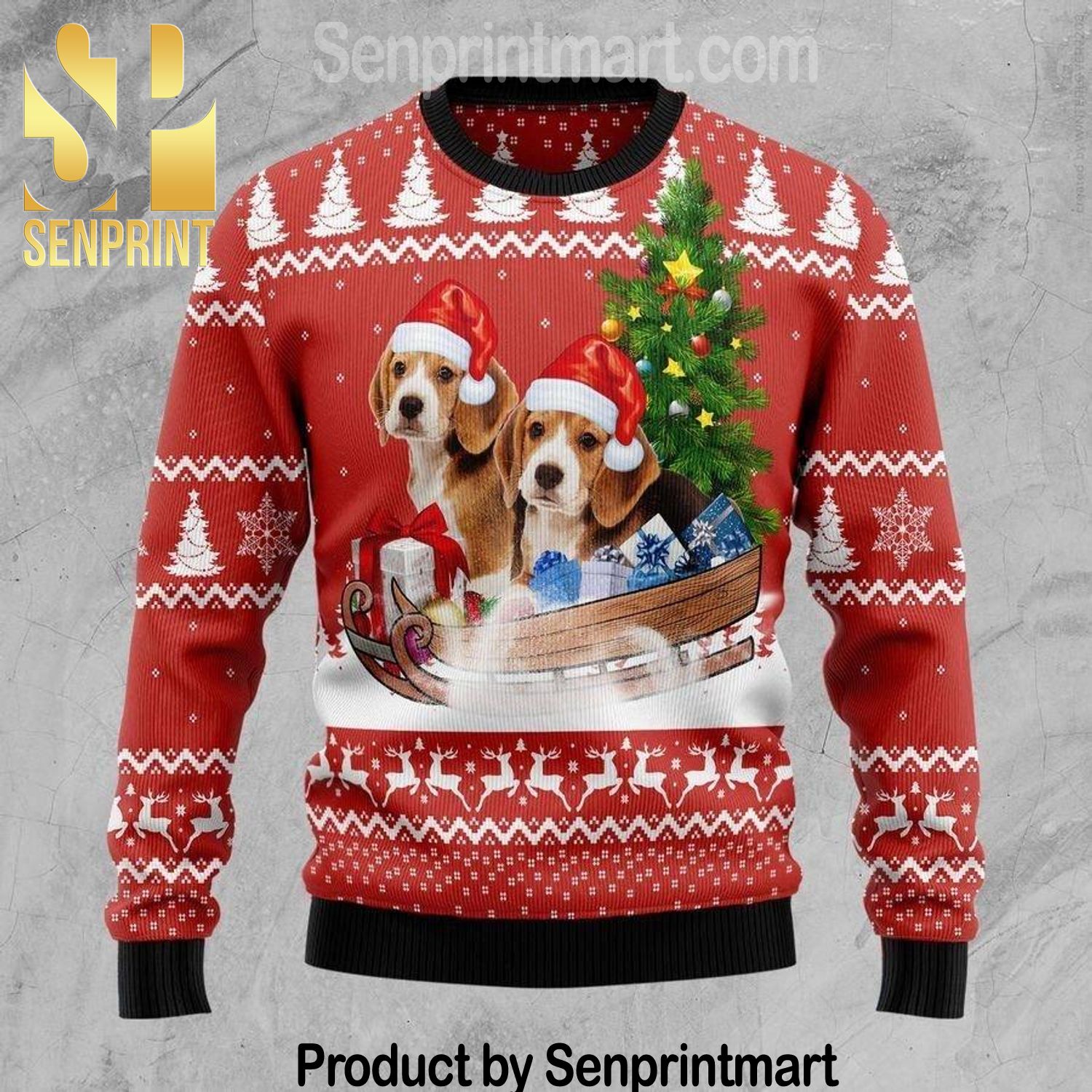 Beagle Dashing All Over Printed Christmas Knitted Wool Sweater