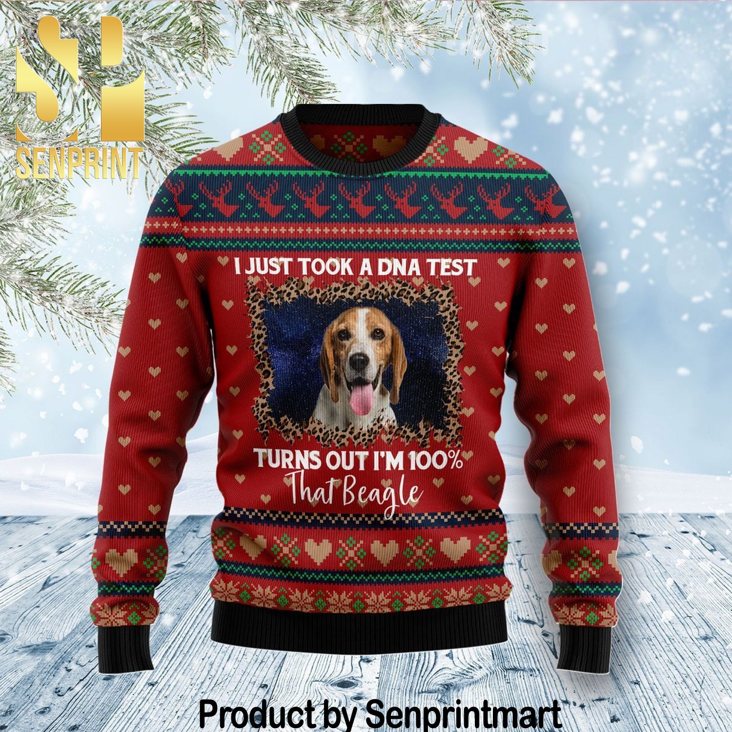 Beagle Dog Xmas Holiday Time All Over Print Knitting Pattern Ugly Christmas Sweater