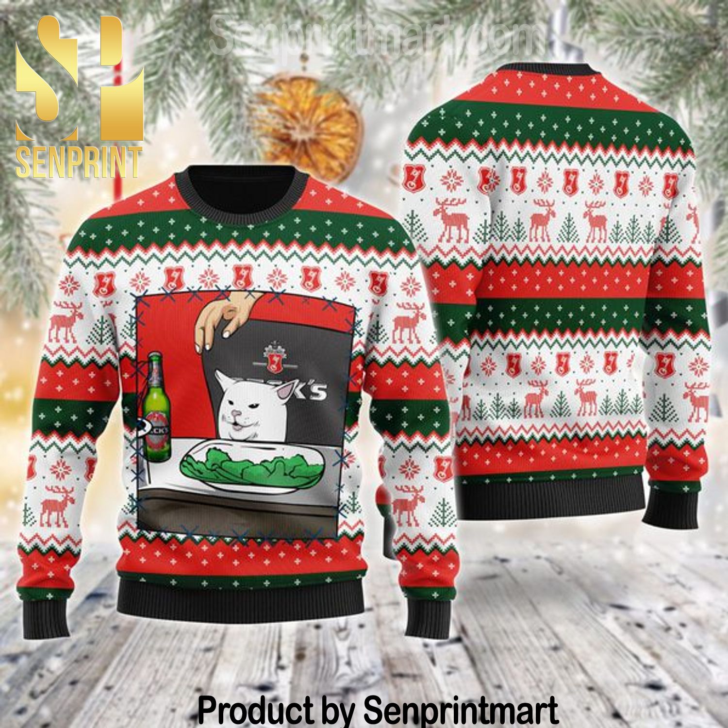 Beck’s Beer Cat Meme Chirtmas Gifts Wool Ugly Knitted Christmas Sweater