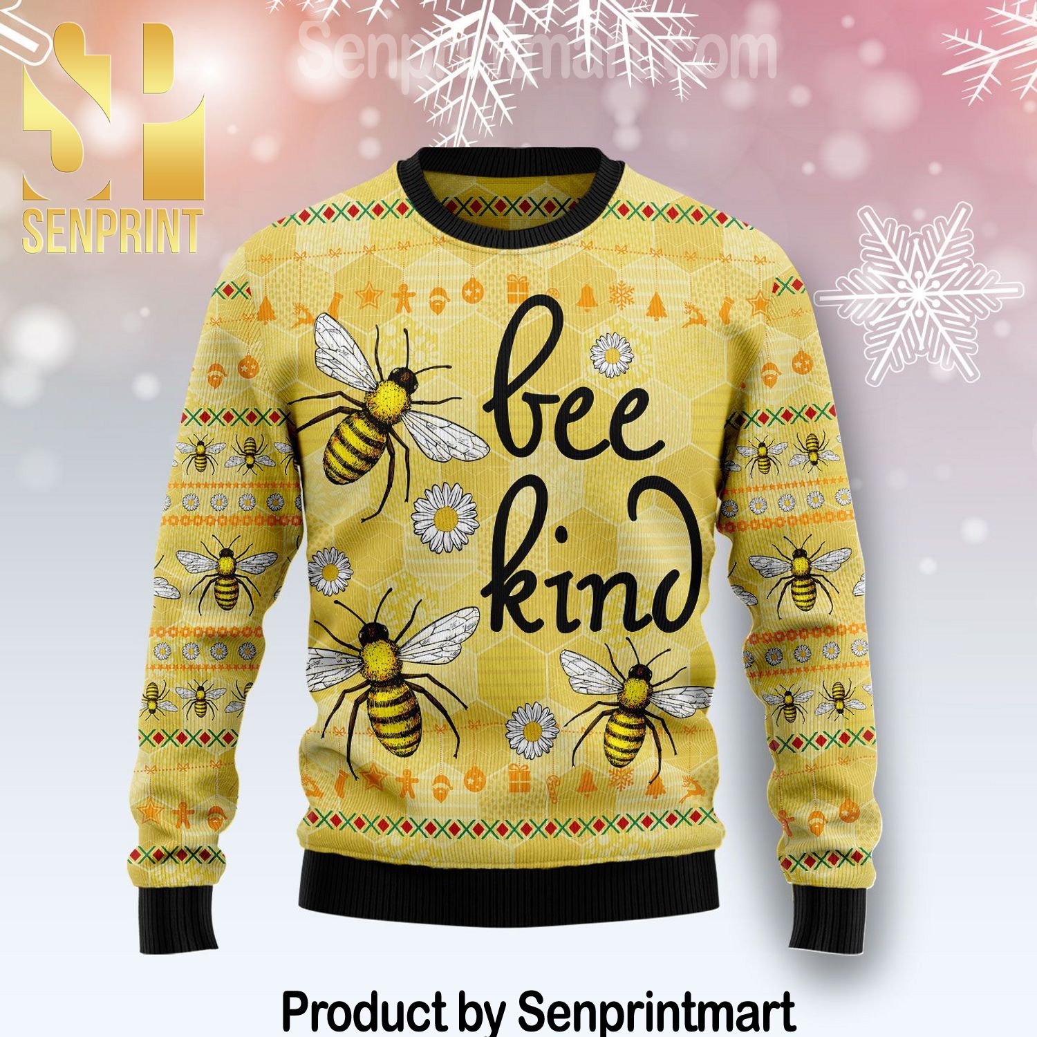 Bee Kind Xmas Gifts Full Printed Wool Ugly Christmas Sweater