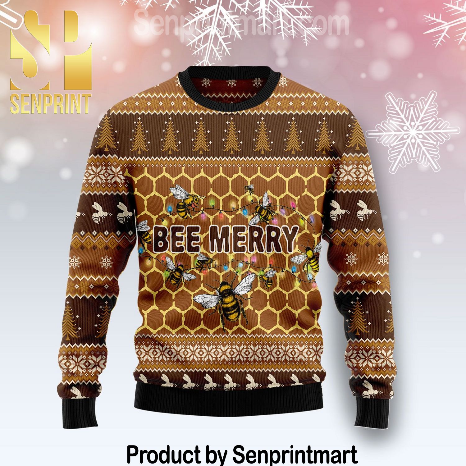 Bee Merry Chirtmas Gifts Full Printing Wool Knitted Ugly Christmas Sweater