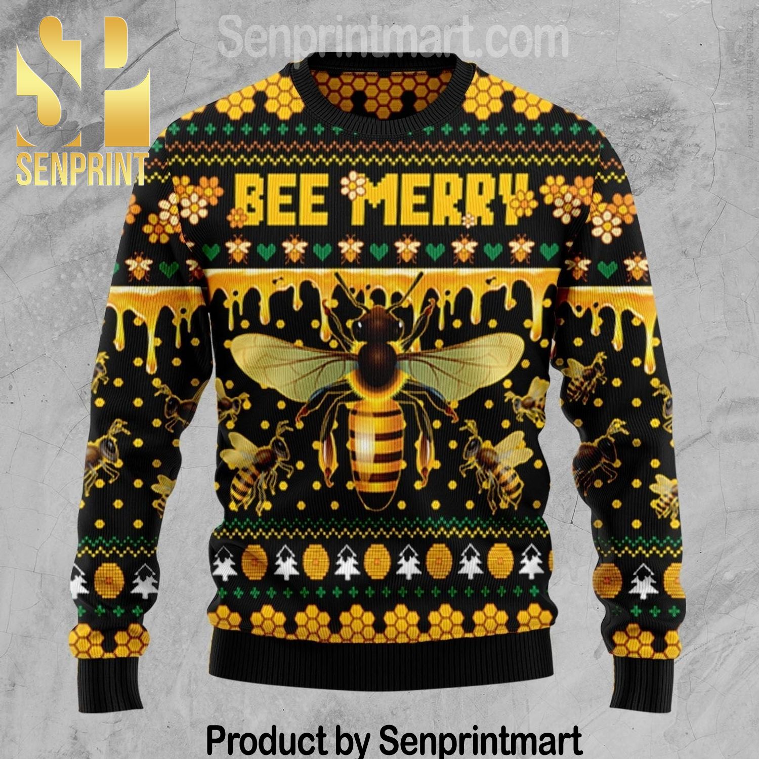 Bee Merry Holiday Time All Over Print Knitting Pattern Ugly Christmas Sweater