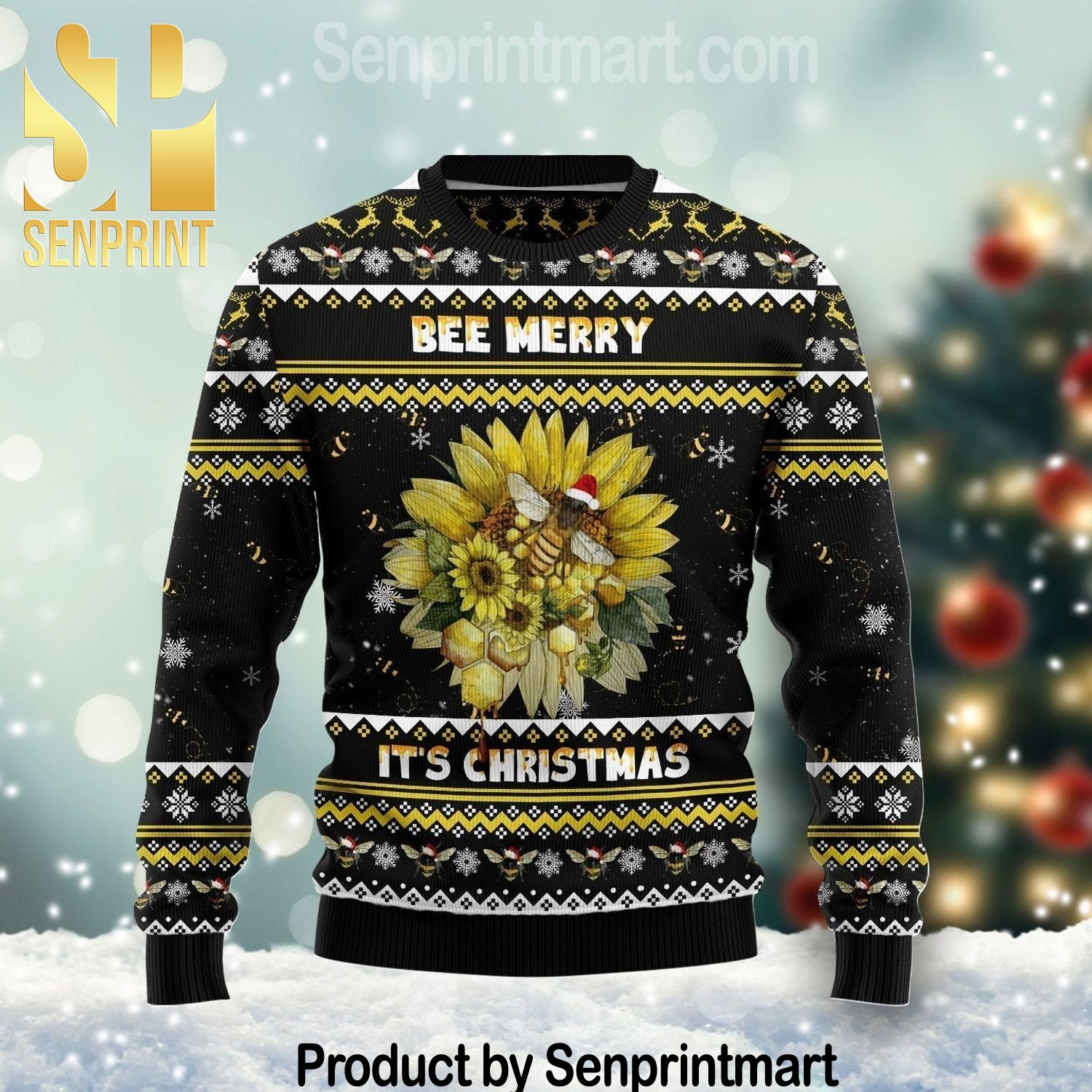 Bee Merry It’s Time Gift Ideas Pattern Ugly Knit Sweater