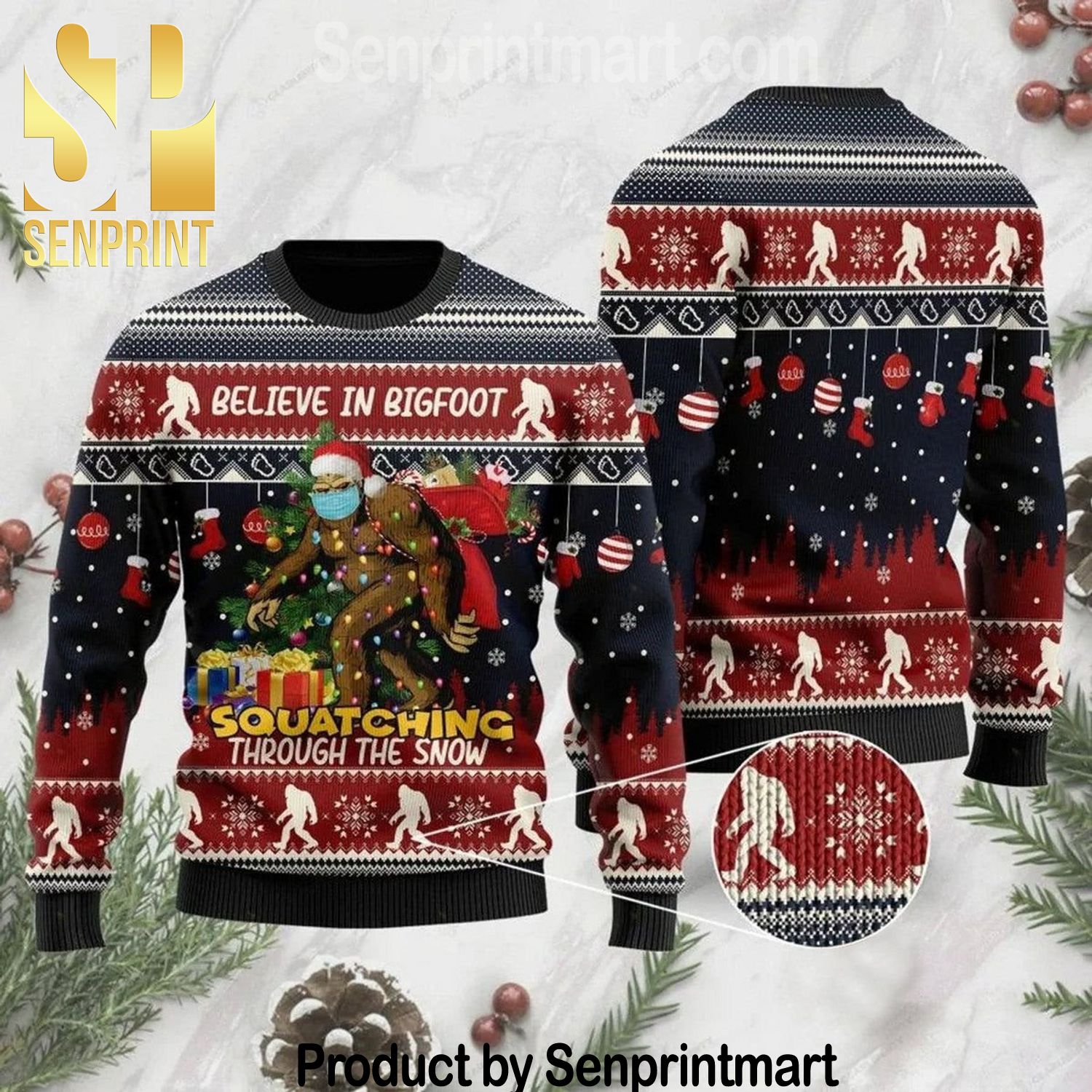 Believe In Bigfoot Xmas Time Ugly Christmas Wool Knitted Sweater