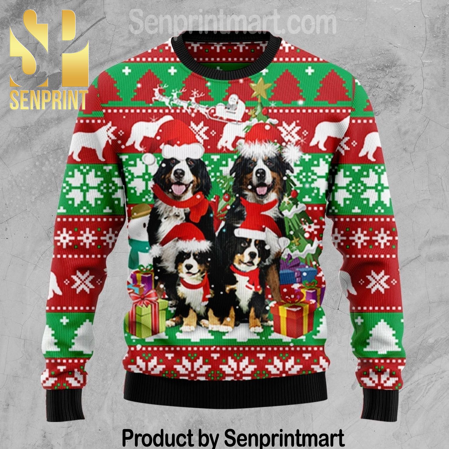 Bernese Mountain Dog Family Xmas Time All Over Printed Knitted Ugly Christmas Sweater