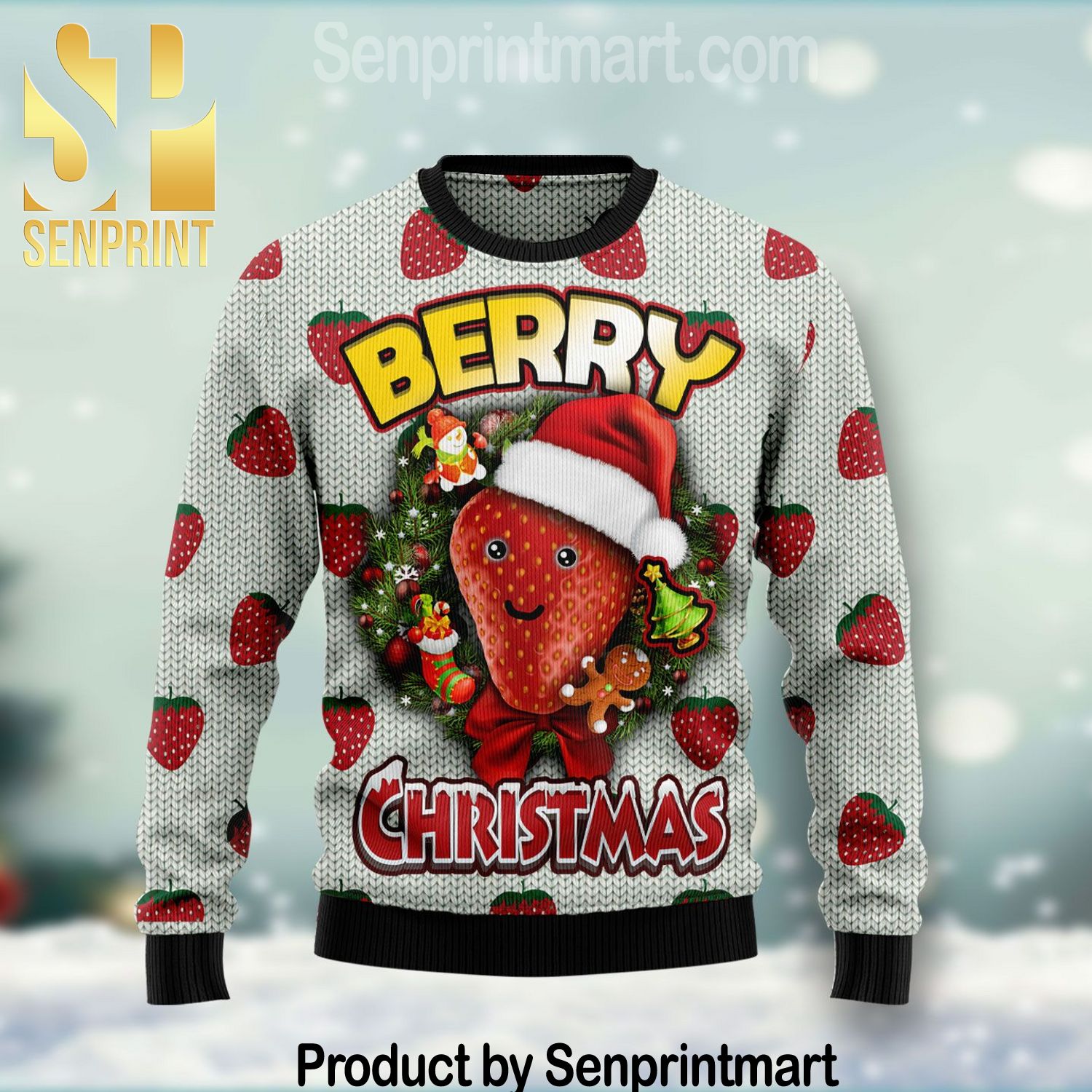 Berry Christmas Xmas Time All Over Printed Knitted Ugly Christmas Sweater