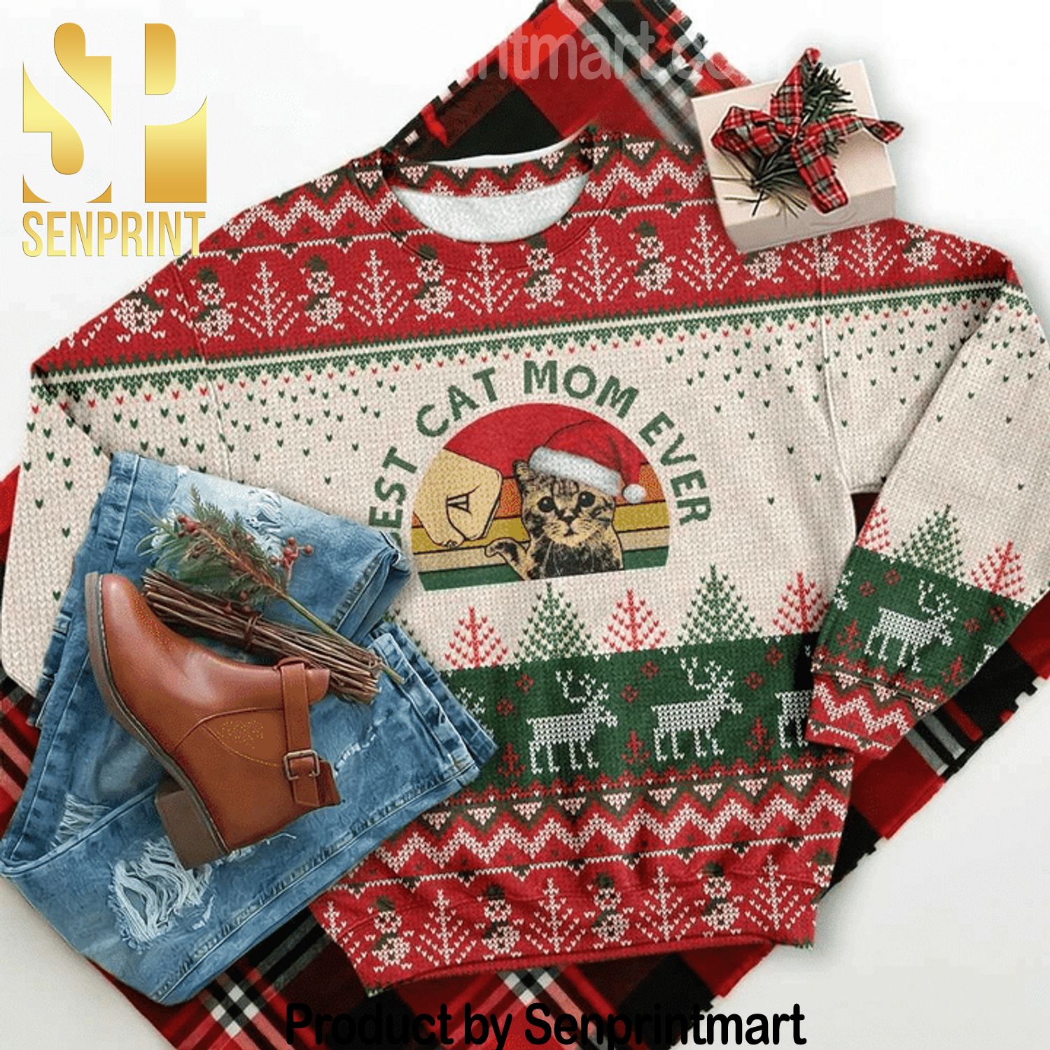 Best Cat Ever Holiday Time Christmas Wool Knitted Sweater