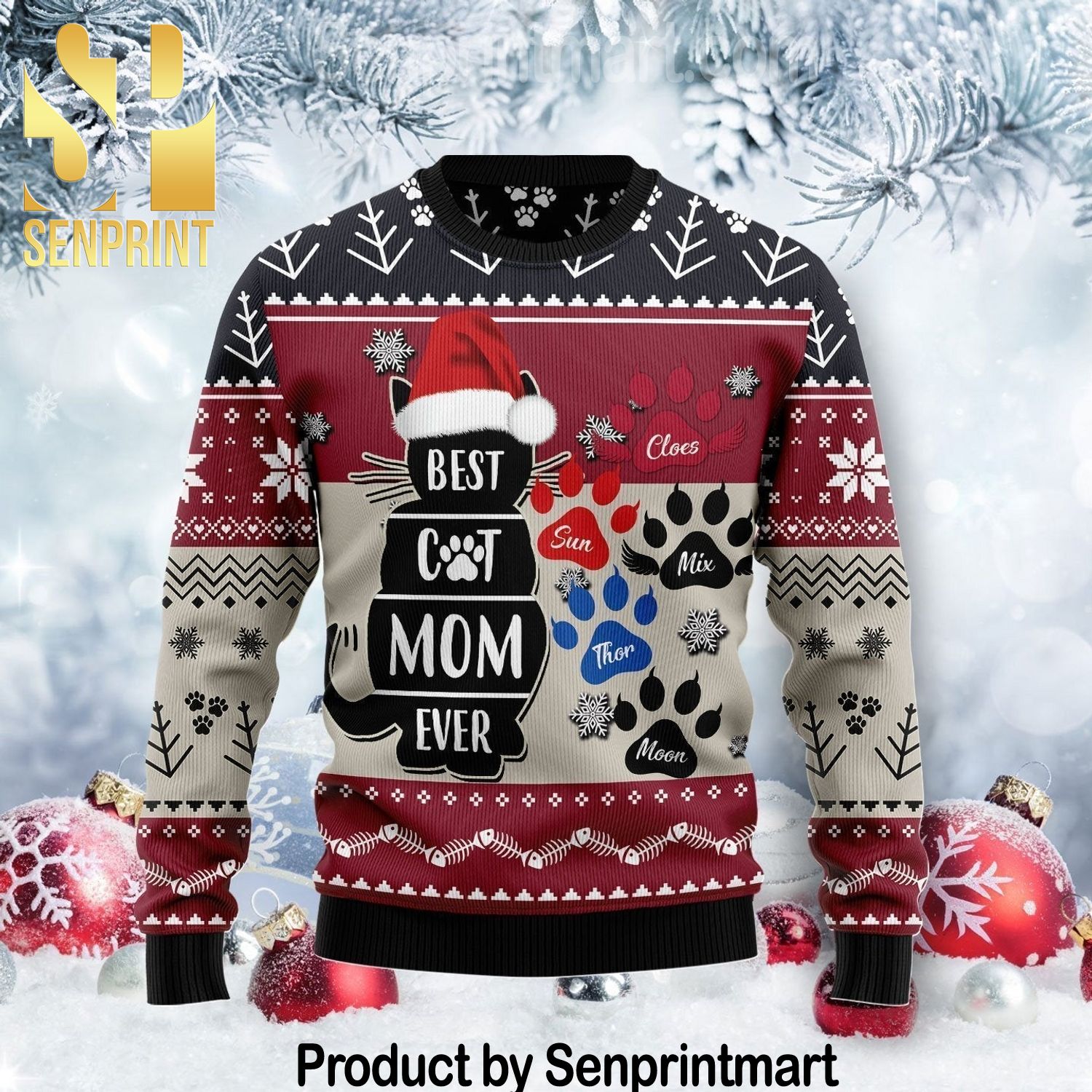 Best Cat Mom Ever Holiday Time All Over Print Knitting Pattern Ugly Christmas Sweater