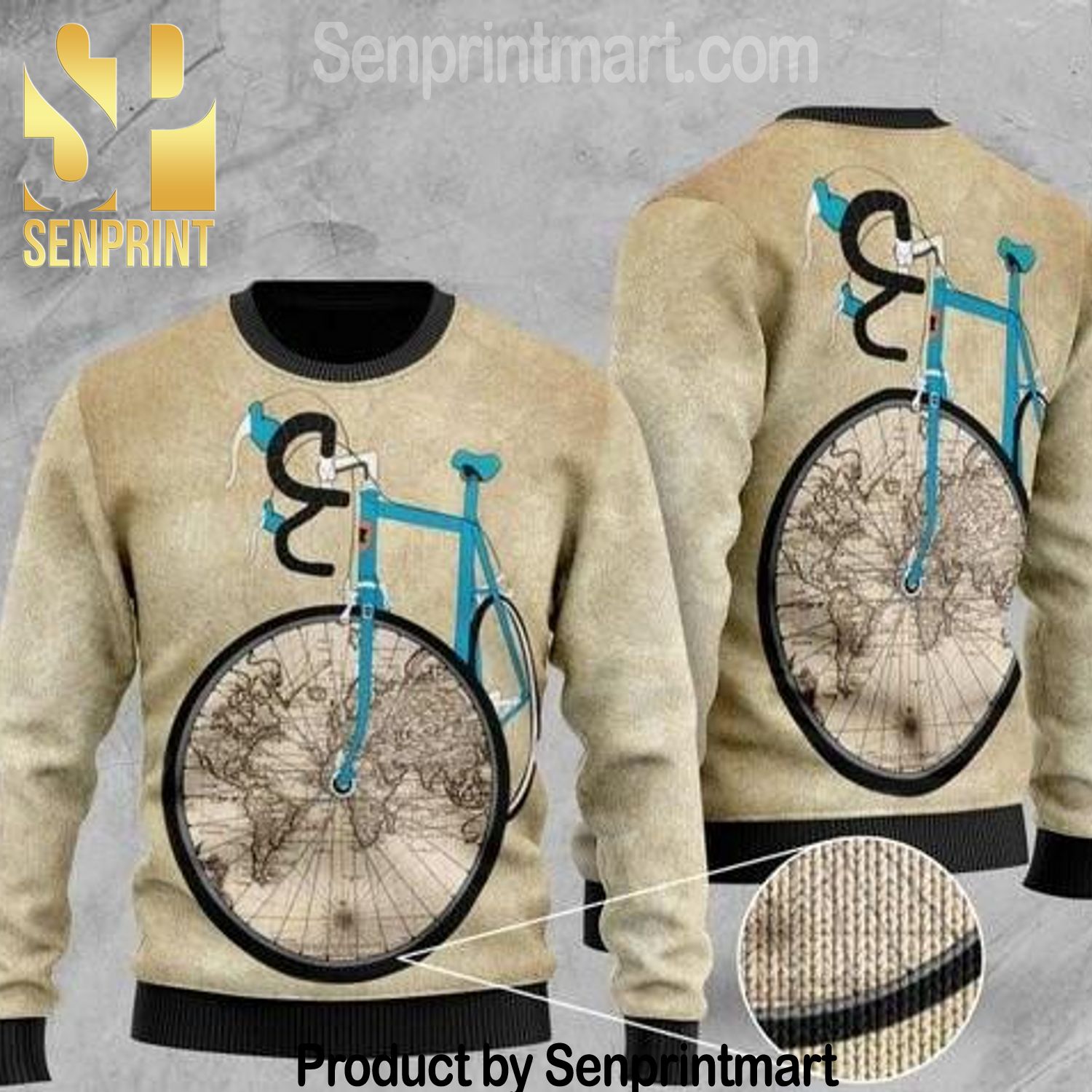 Bicycle And World Map Vacation Time Christmas Wool Sweater