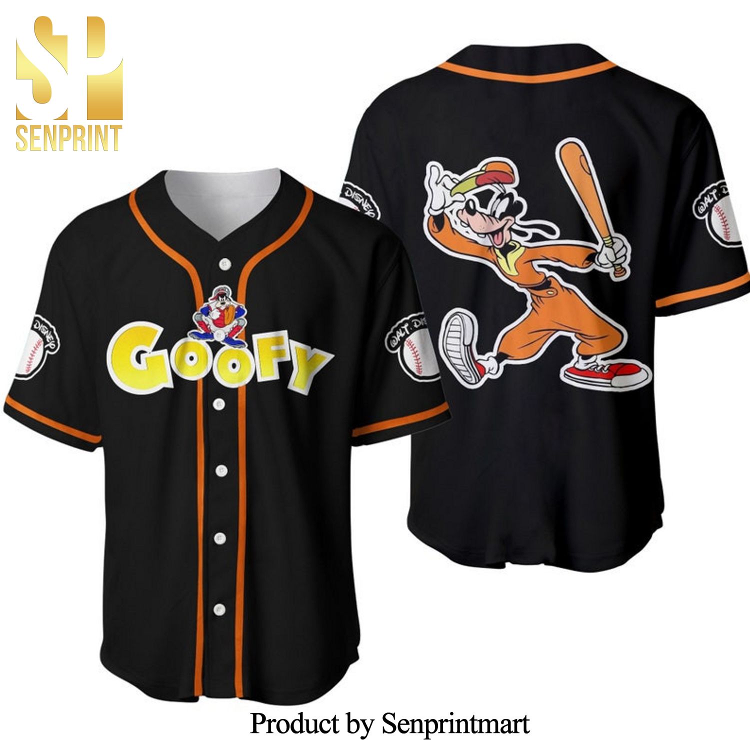 Goofy Dog Disney Cartoon Graphics All Over Print Unisex Baseball Jersey – Black