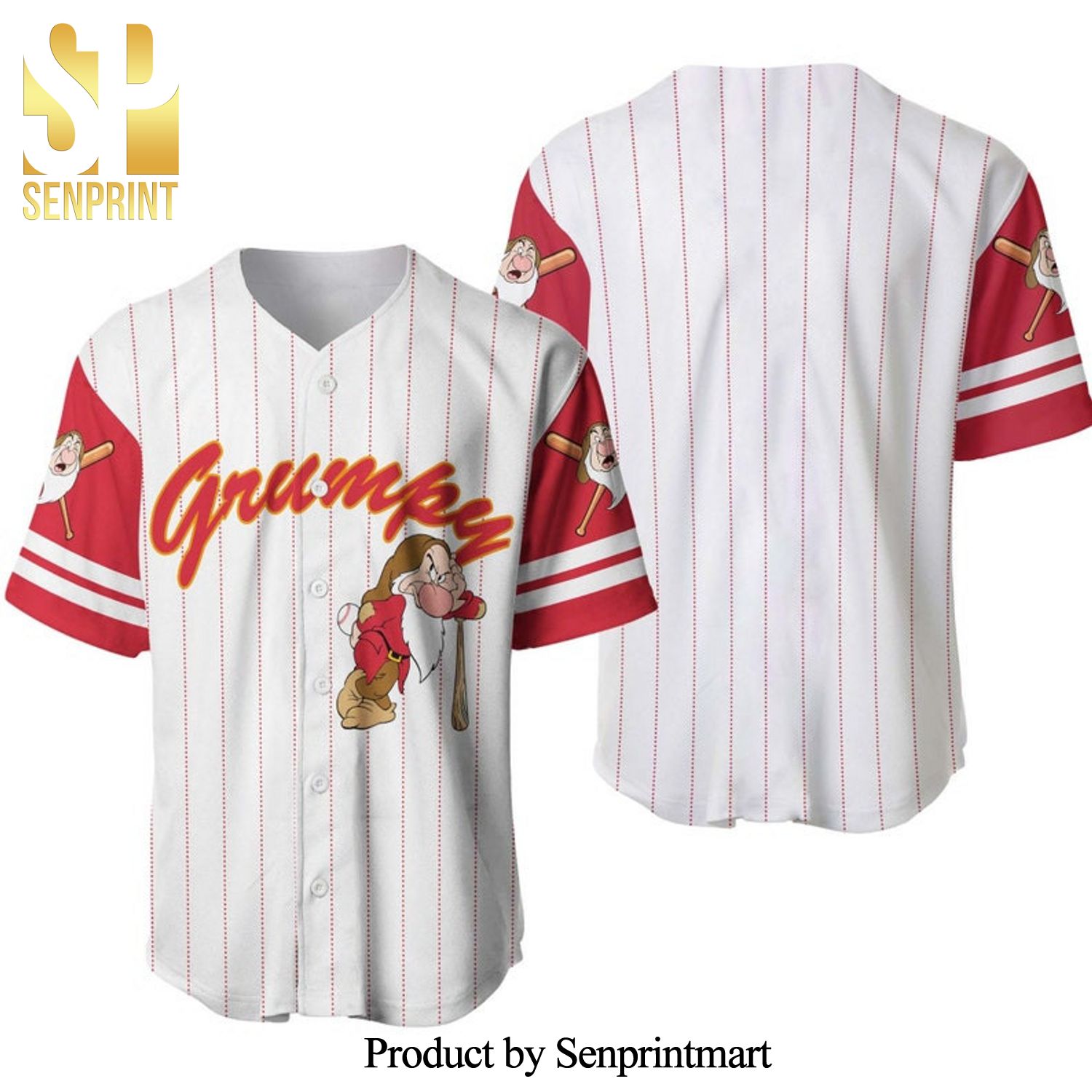 Grumpy Dwarf Snow White All Over Print Pinstripe Baseball Jersey – White