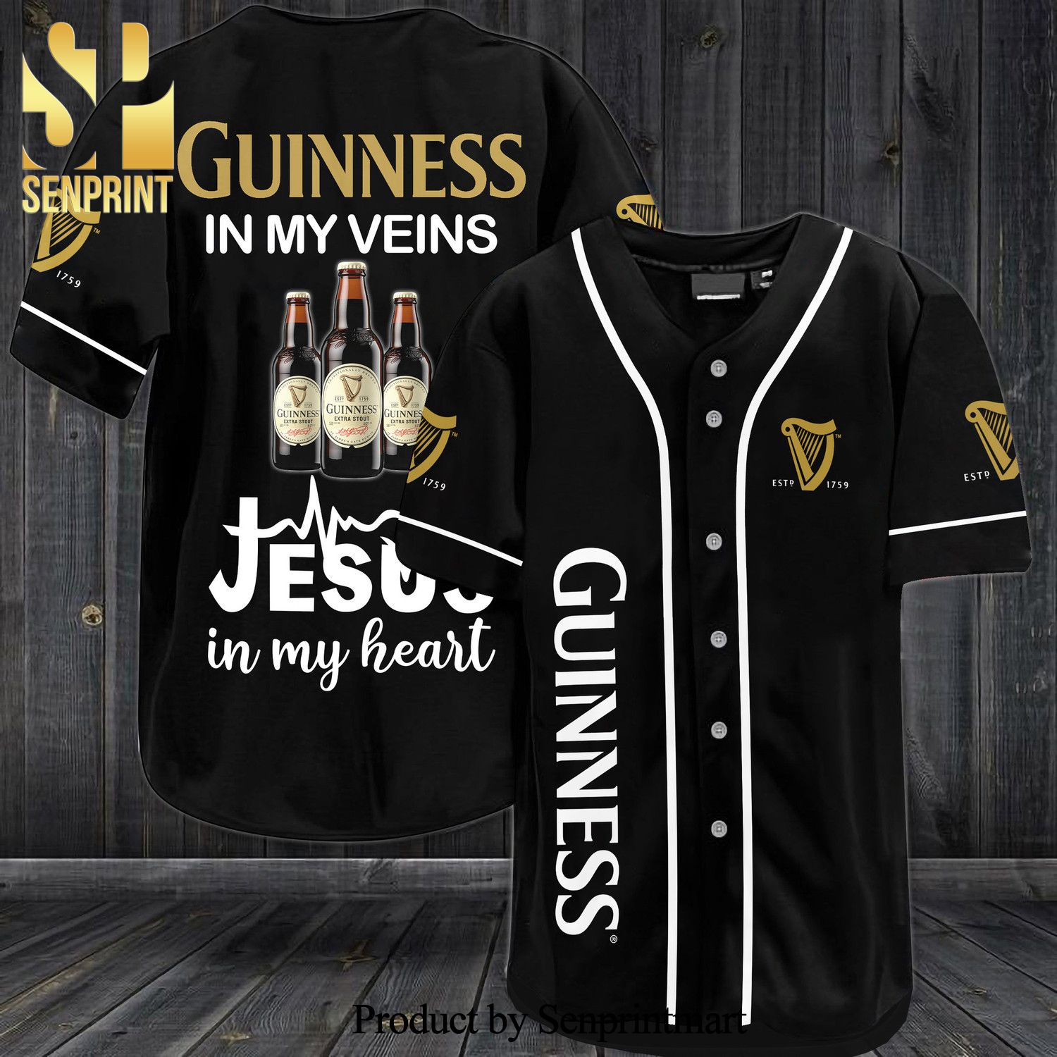 Guinness In My Veins Jesus In My Heart All Over Print Baseball Jersey – Black