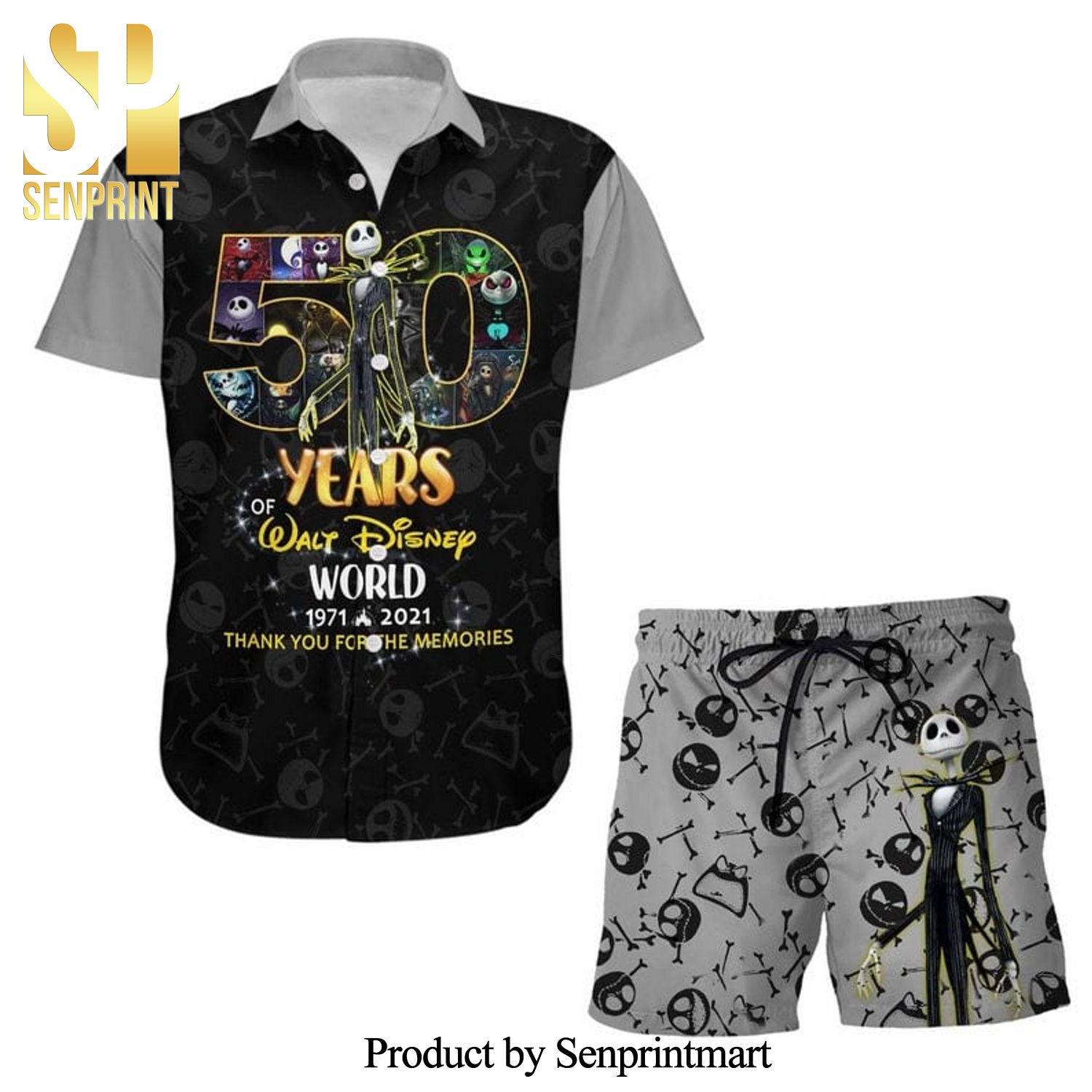 Jack Skellington 50th Anniversary Glitter Disney Castle Full Printing Combo Hawaiian Shirt And Beach Shorts – Black Gray