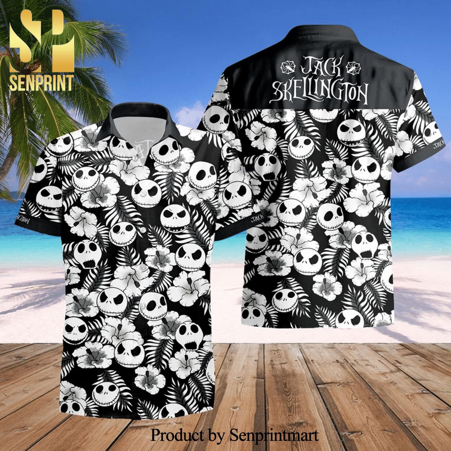 Jack Skellington Costume Disney The Nightmare Before Christmas Full Printing Hawaiian Shirt – Black White