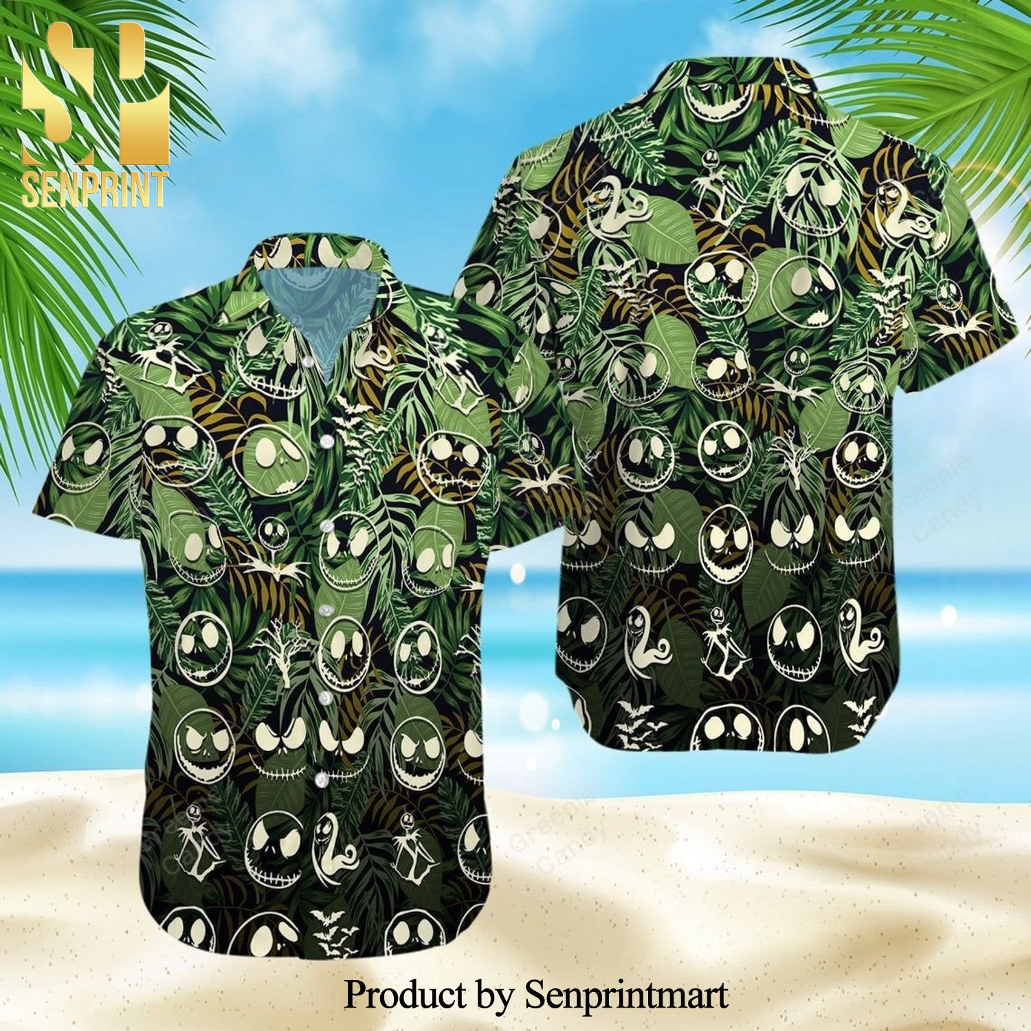 Jack Skellington Green Floral Full Printing Unisex Hawaiian Shirt And Beach Short