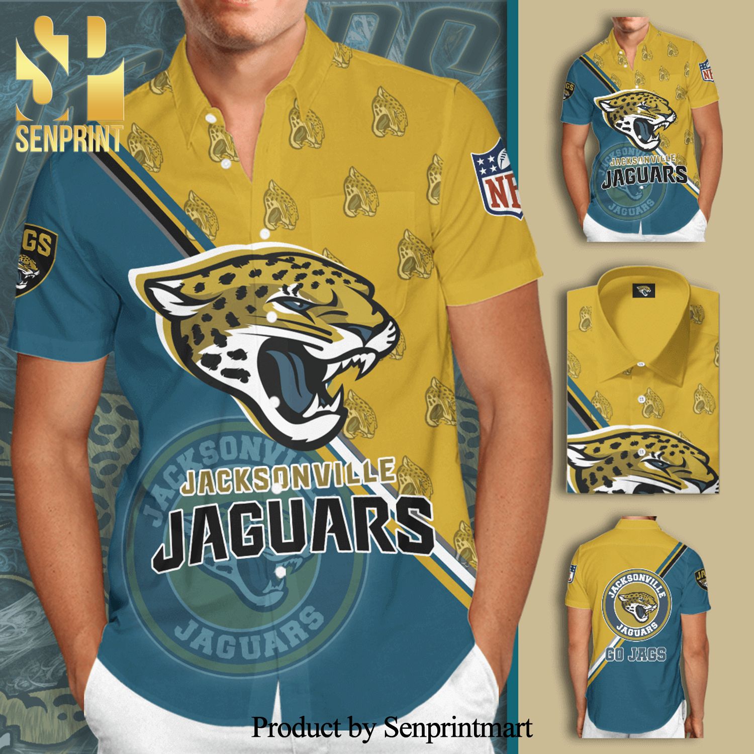 Jacksonville Jaguars Full Printing Short Sleeve Dress Shirt Hawaiian Summer Aloha Beach Shirt – Teal Yellow